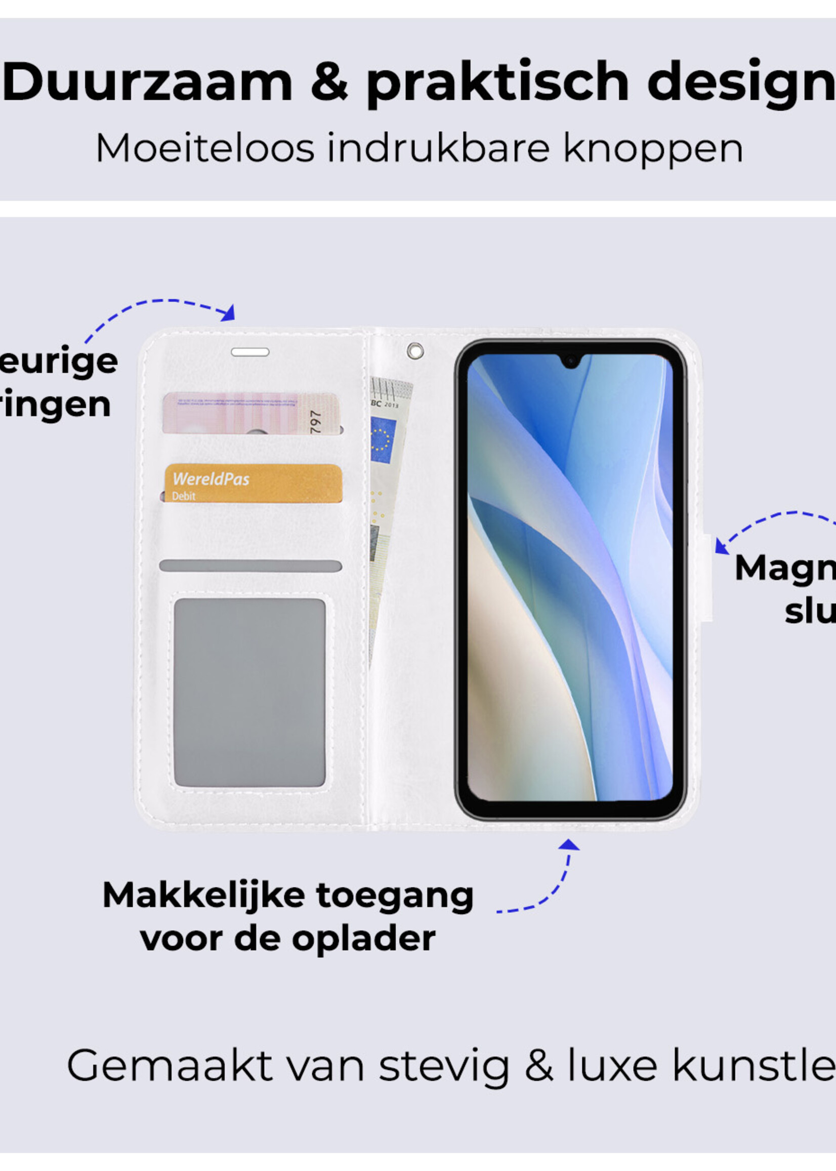 BTH Hoesje Geschikt voor Samsung A15 Hoesje Book Case Hoes Portemonnee Cover Walletcase Met 2x Screenprotector - Hoes Geschikt voor Samsung Galaxy A15 Hoes Bookcase Hoesje - Wit