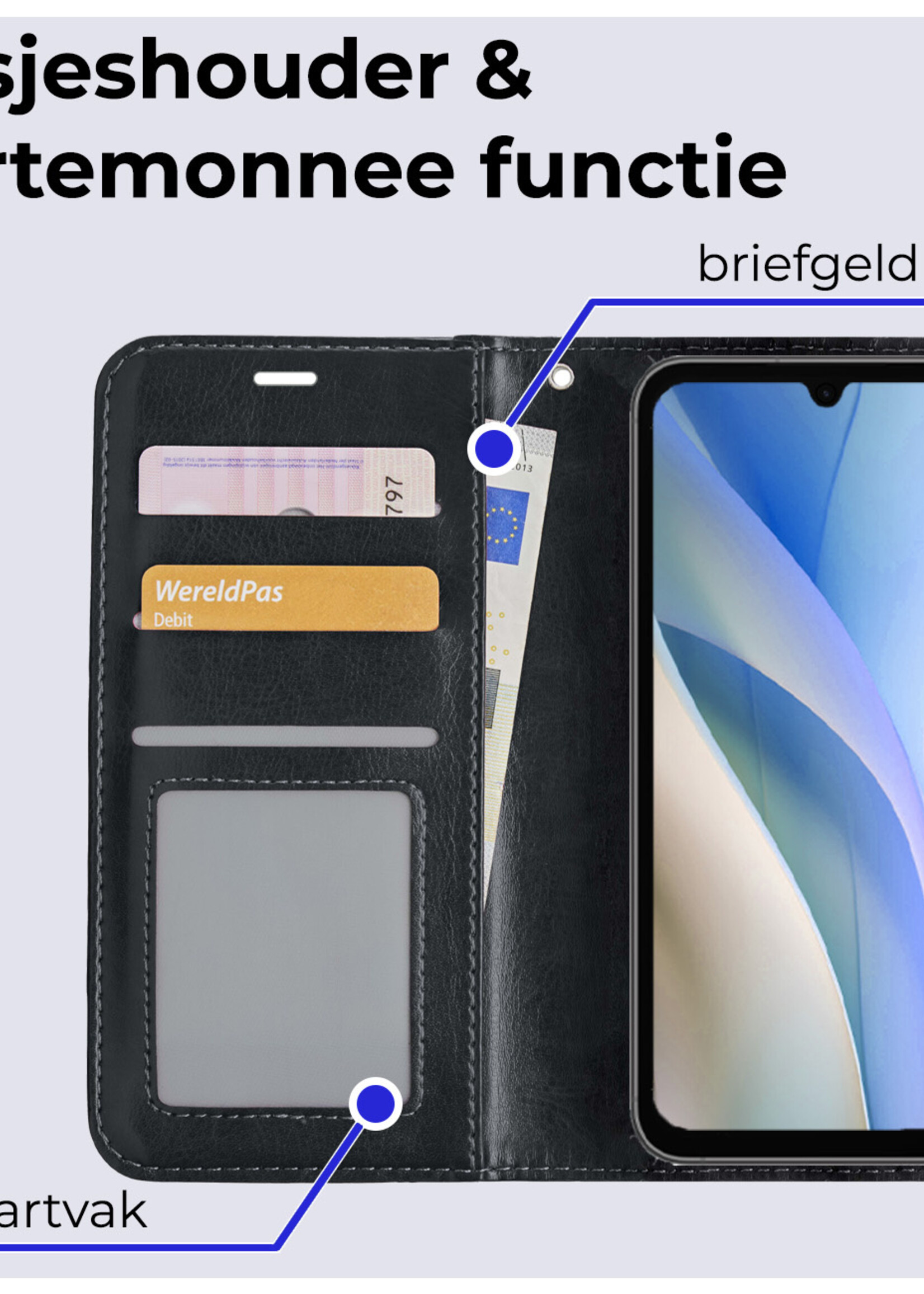 BTH Hoesje Geschikt voor Samsung A15 Hoesje Book Case Hoes Portemonnee Cover Walletcase Met 2x Screenprotector - Hoes Geschikt voor Samsung Galaxy A15 Hoes Bookcase Hoesje - Zwart