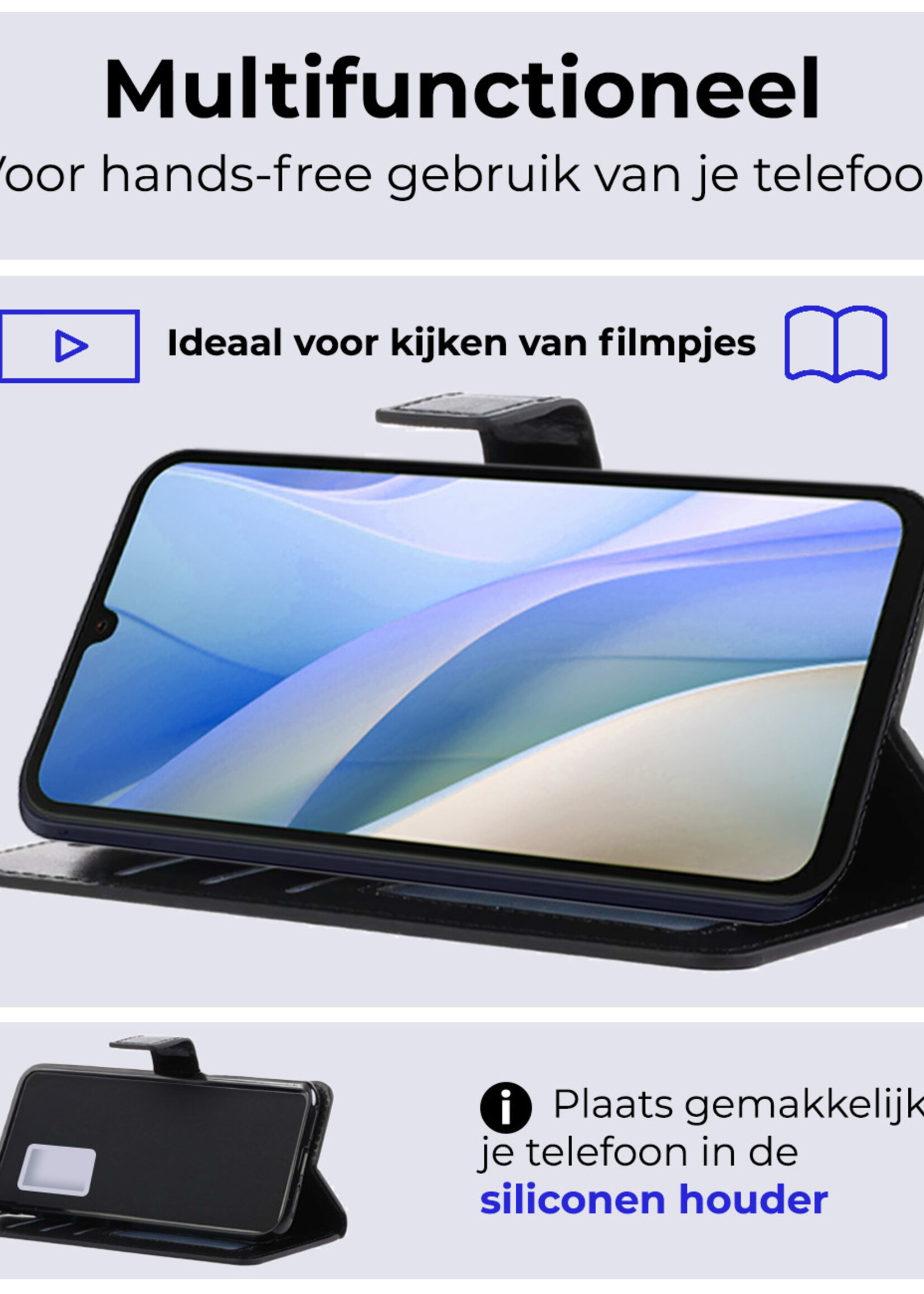 BTH Hoesje Geschikt voor Samsung A15 Hoesje Book Case Hoes Portemonnee Cover Walletcase Met 2x Screenprotector - Hoes Geschikt voor Samsung Galaxy A15 Hoes Bookcase Hoesje - Zwart