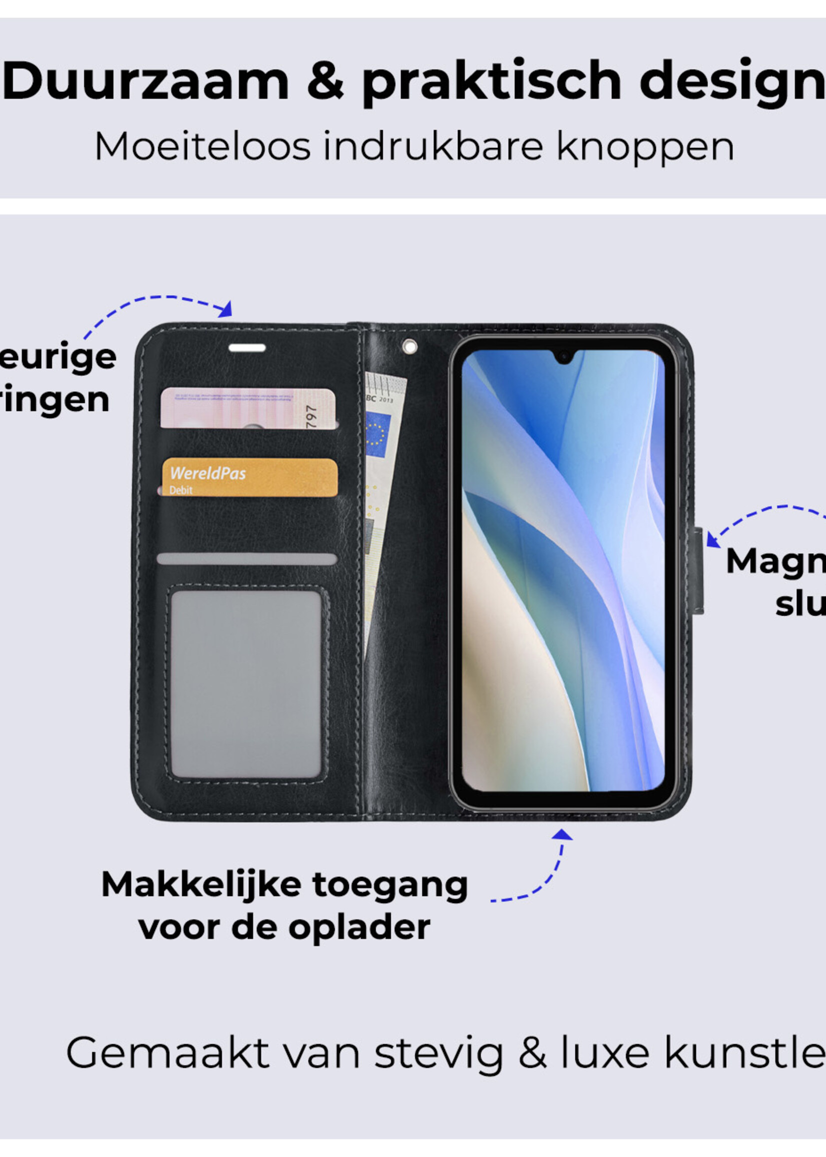 BTH Hoesje Geschikt voor Samsung A15 Hoesje Book Case Hoes Portemonnee Cover Walletcase Met 2x Screenprotector - Hoes Geschikt voor Samsung Galaxy A15 Hoes Bookcase Hoesje - Zwart