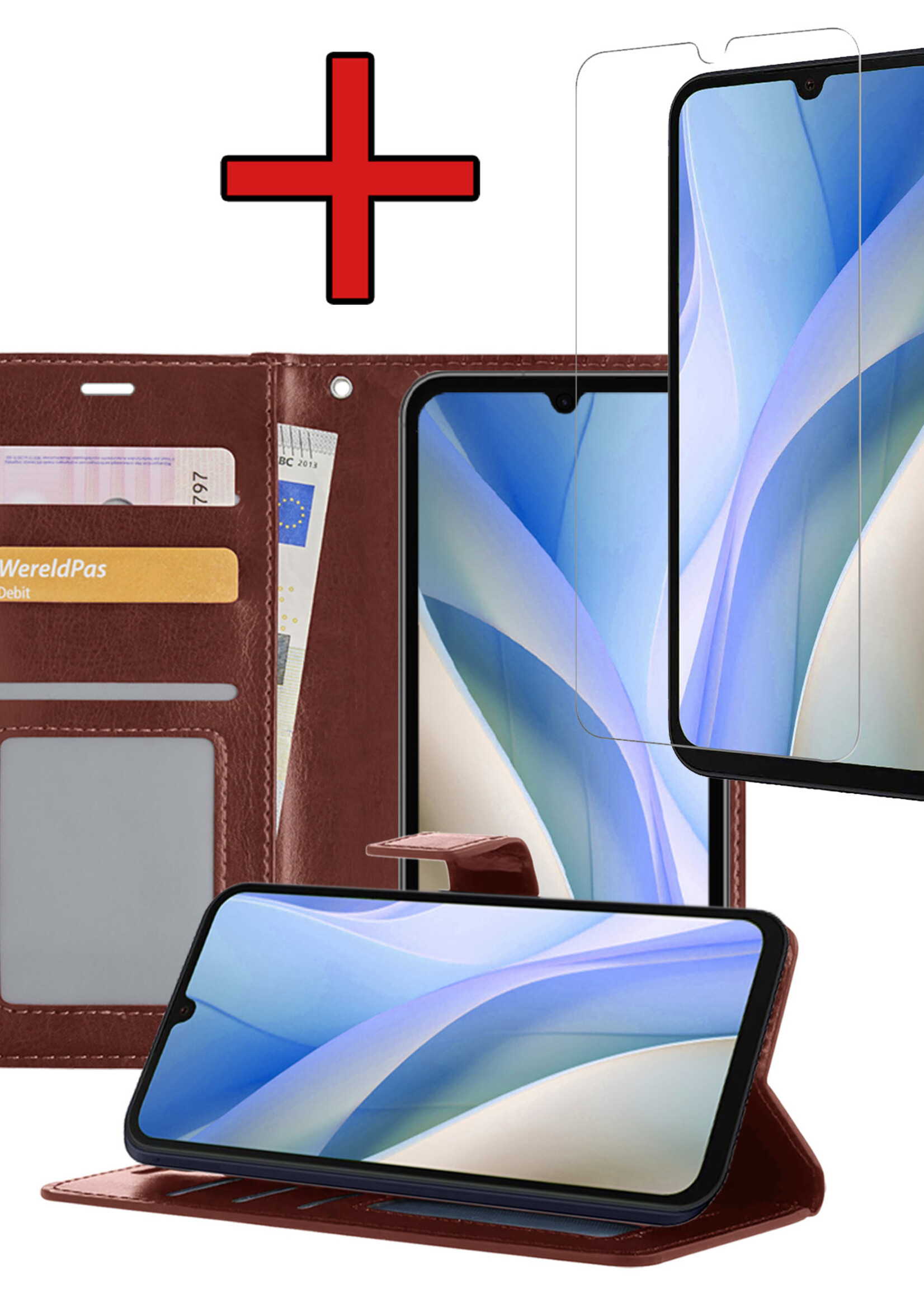BTH Hoesje Geschikt voor Samsung A15 Hoesje Book Case Hoes Portemonnee Cover Walletcase Met Screenprotector - Hoes Geschikt voor Samsung Galaxy A15 Hoes Bookcase Hoesje - Bruin