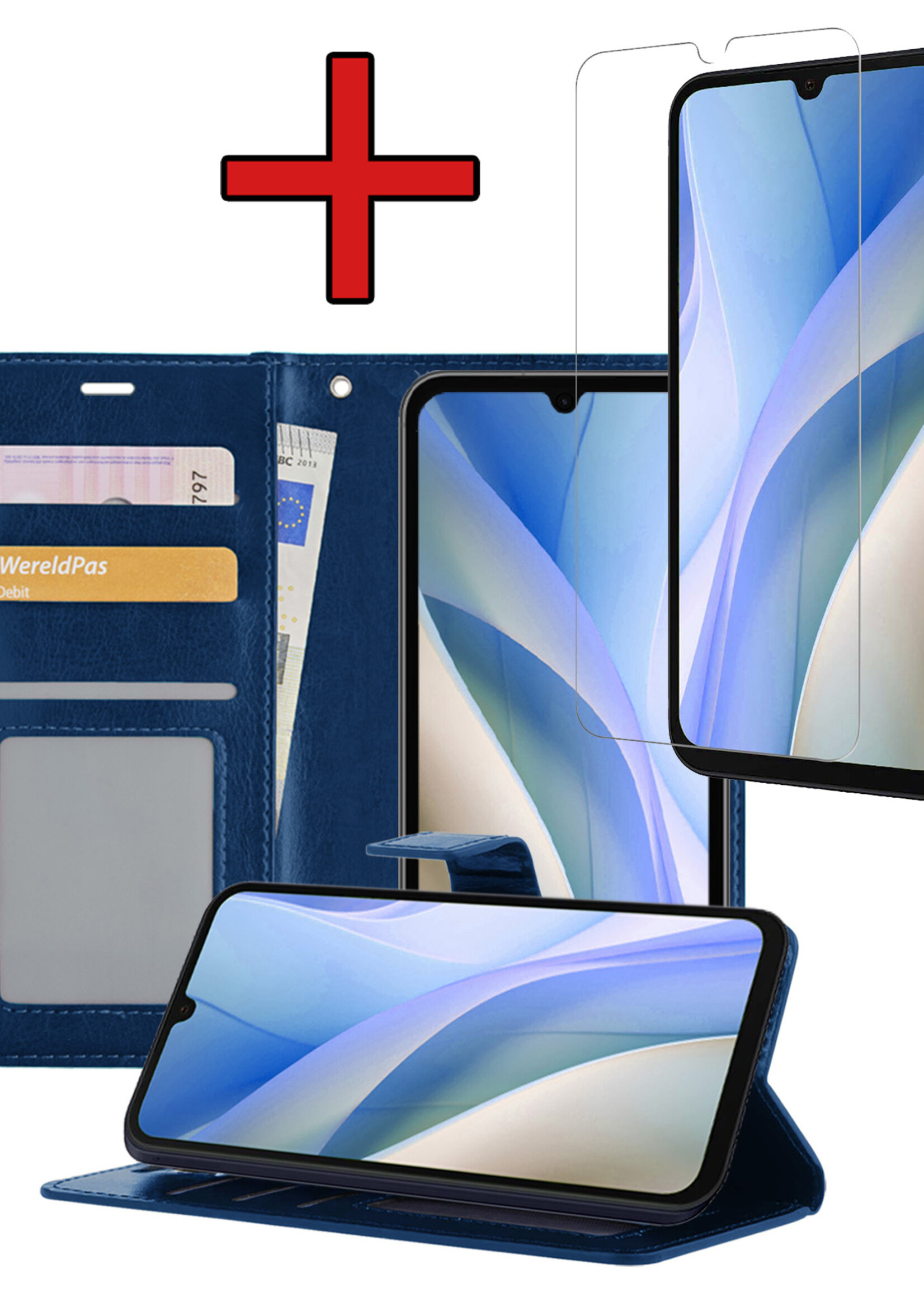 BTH Hoesje Geschikt voor Samsung A15 Hoesje Book Case Hoes Portemonnee Cover Walletcase Met Screenprotector - Hoes Geschikt voor Samsung Galaxy A15 Hoes Bookcase Hoesje - Donkerblauw