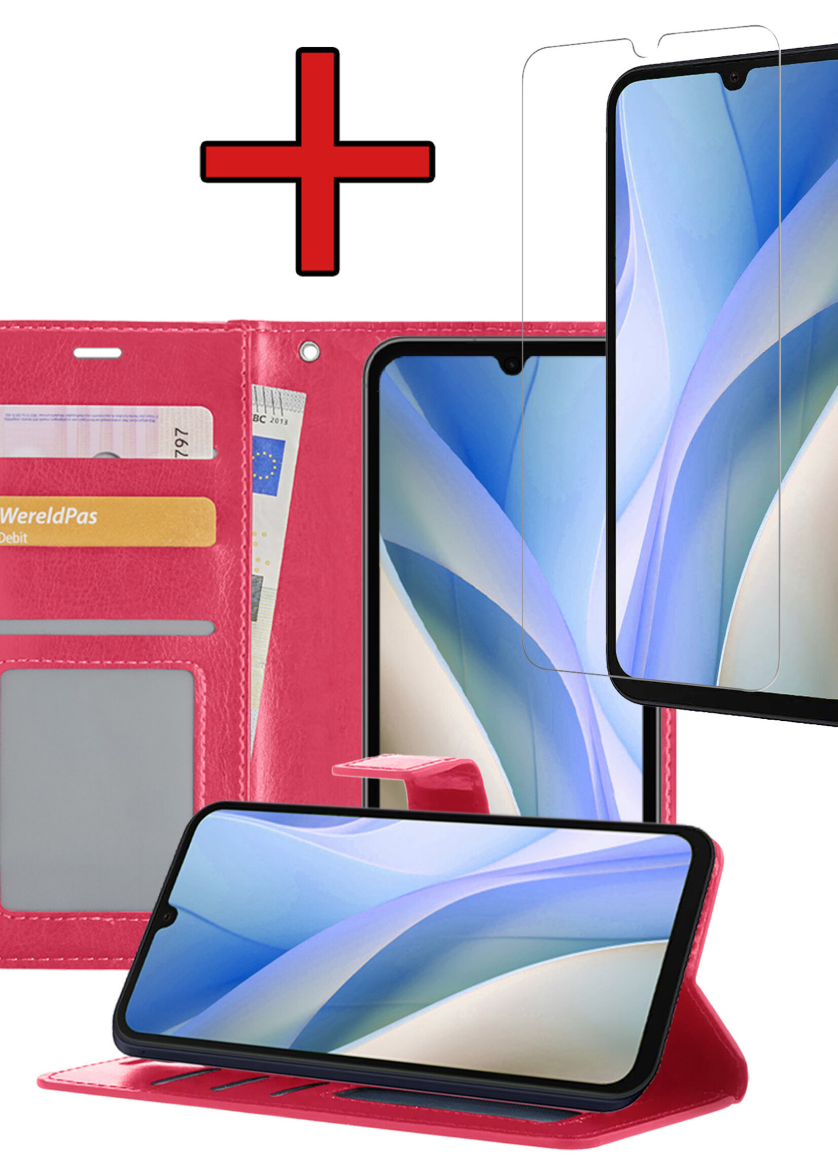 BTH Hoesje Geschikt voor Samsung A15 Hoesje Book Case Hoes Portemonnee Cover Walletcase Met Screenprotector - Hoes Geschikt voor Samsung Galaxy A15 Hoes Bookcase Hoesje - Donkerroze