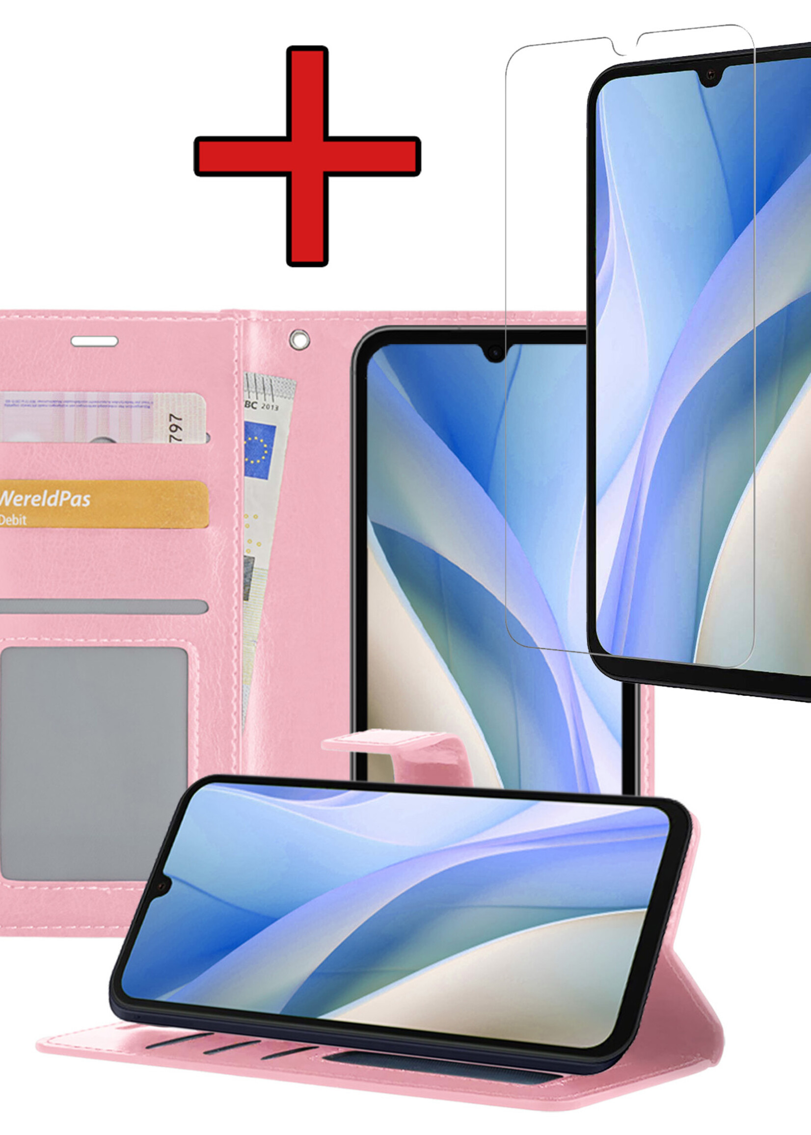 BTH Hoesje Geschikt voor Samsung A15 Hoesje Book Case Hoes Portemonnee Cover Walletcase Met Screenprotector - Hoes Geschikt voor Samsung Galaxy A15 Hoes Bookcase Hoesje - Lichtroze