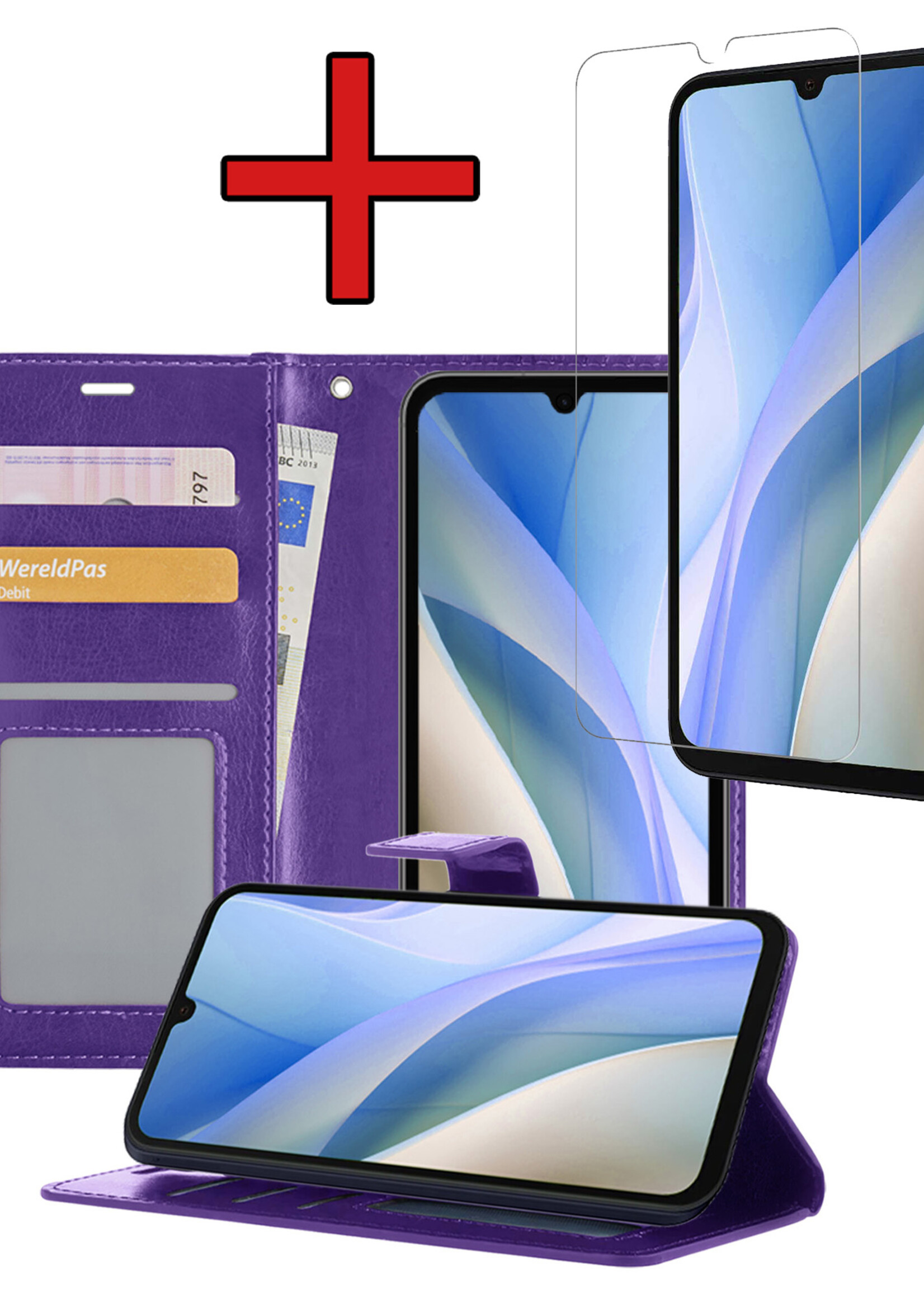 BTH Hoesje Geschikt voor Samsung A15 Hoesje Book Case Hoes Portemonnee Cover Walletcase Met Screenprotector - Hoes Geschikt voor Samsung Galaxy A15 Hoes Bookcase Hoesje - Paars