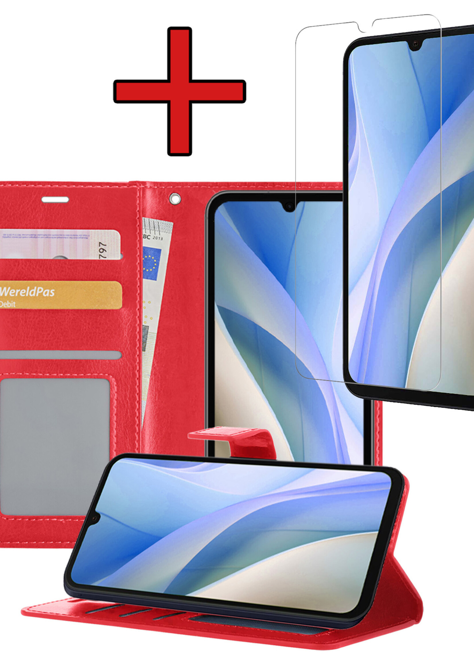 BTH Hoesje Geschikt voor Samsung A15 Hoesje Book Case Hoes Portemonnee Cover Walletcase Met Screenprotector - Hoes Geschikt voor Samsung Galaxy A15 Hoes Bookcase Hoesje - Rood