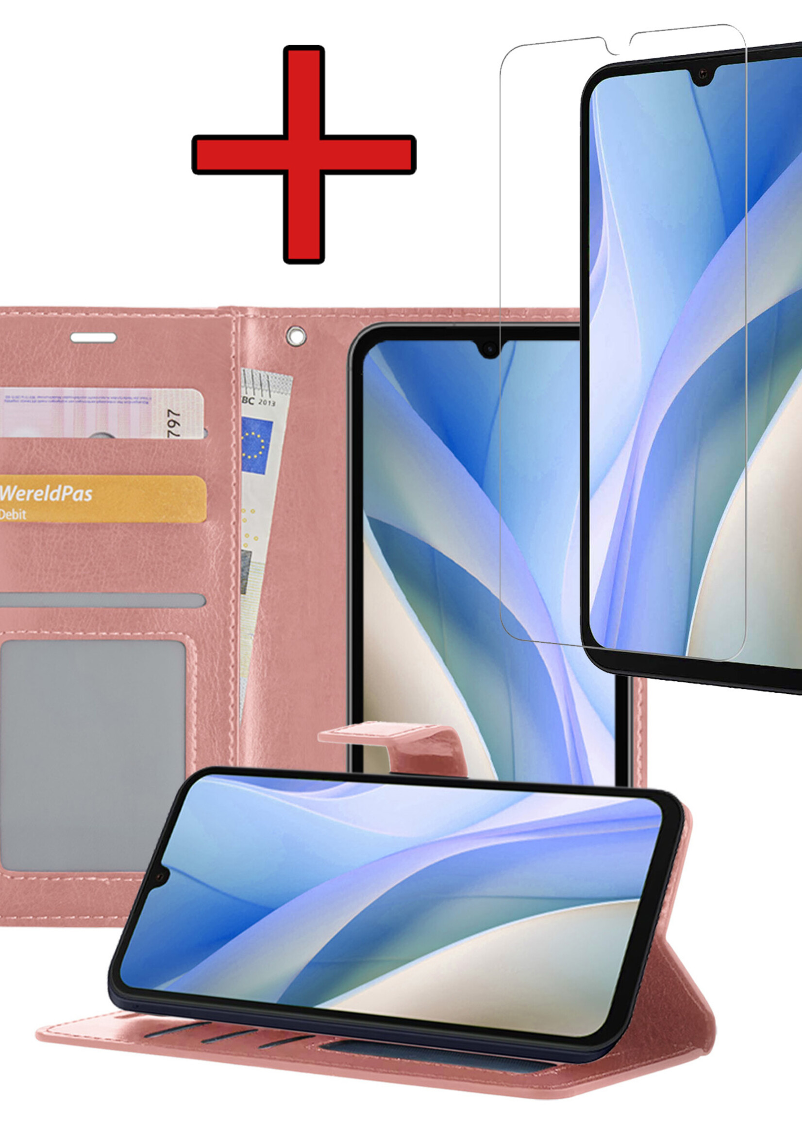 BTH Hoesje Geschikt voor Samsung A15 Hoesje Book Case Hoes Portemonnee Cover Walletcase Met Screenprotector - Hoes Geschikt voor Samsung Galaxy A15 Hoes Bookcase Hoesje - Rosé goud