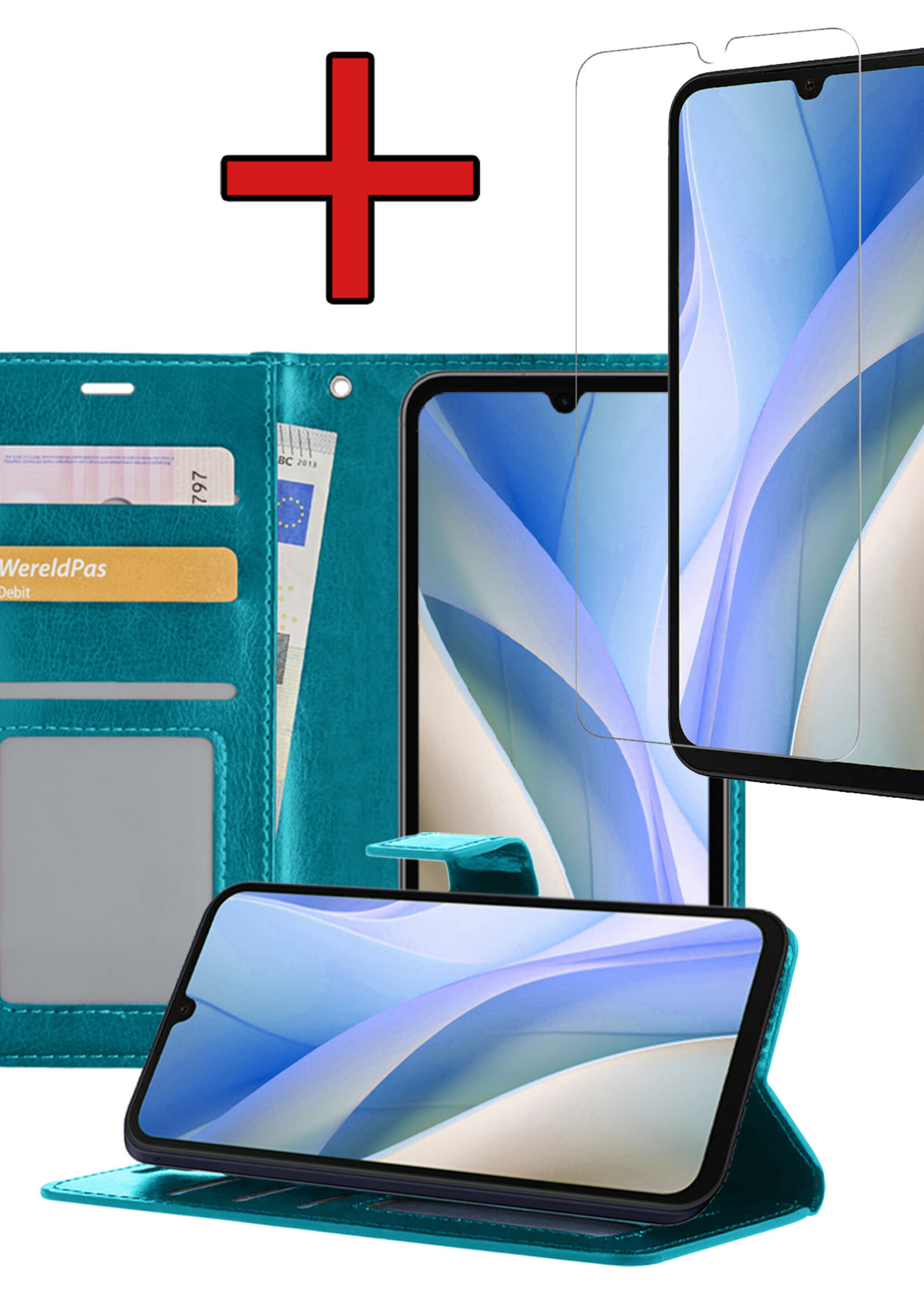 BTH Hoesje Geschikt voor Samsung A15 Hoesje Book Case Hoes Portemonnee Cover Walletcase Met Screenprotector - Hoes Geschikt voor Samsung Galaxy A15 Hoes Bookcase Hoesje - Turquoise