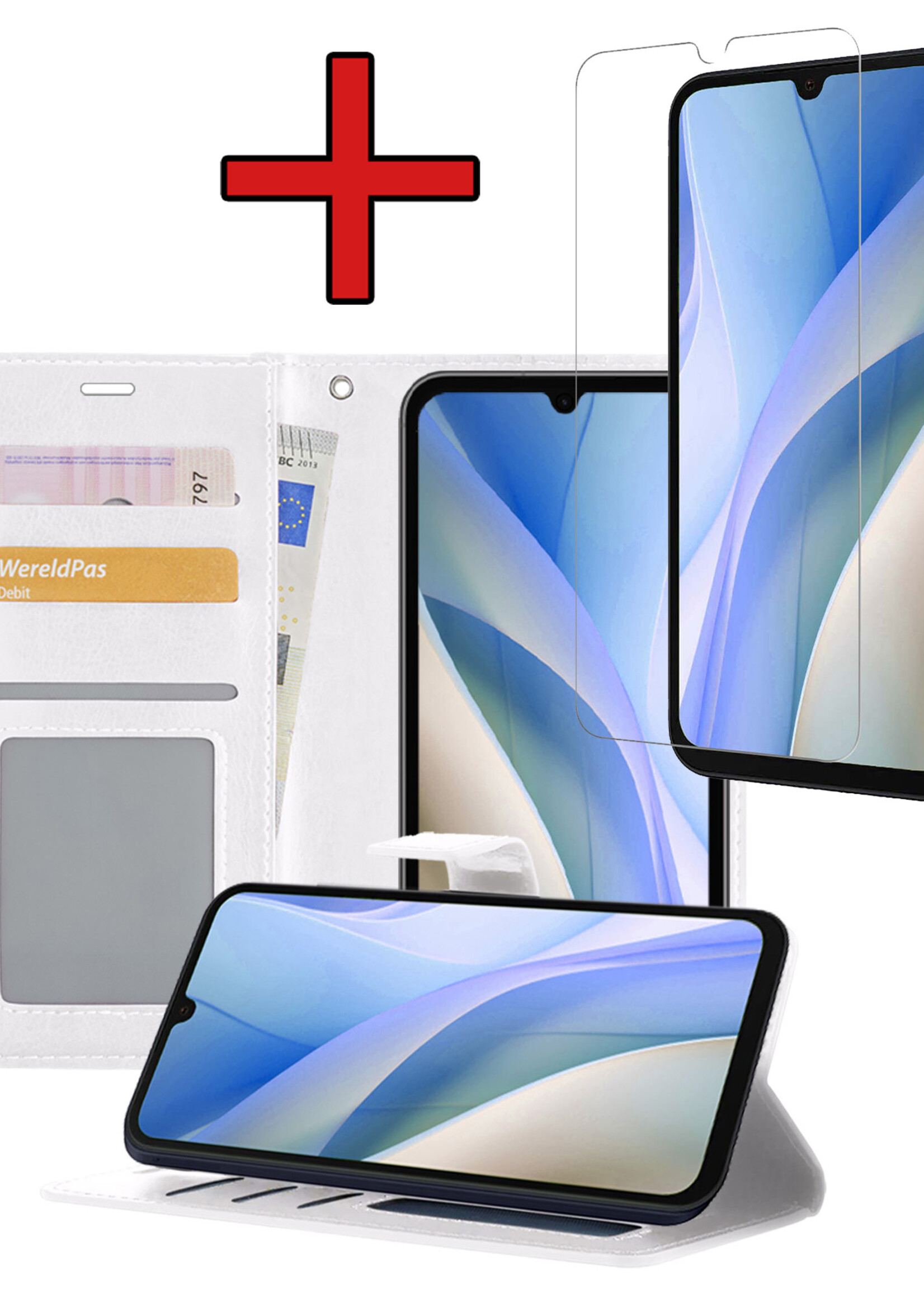 BTH Hoesje Geschikt voor Samsung A15 Hoesje Book Case Hoes Portemonnee Cover Walletcase Met Screenprotector - Hoes Geschikt voor Samsung Galaxy A15 Hoes Bookcase Hoesje - Wit
