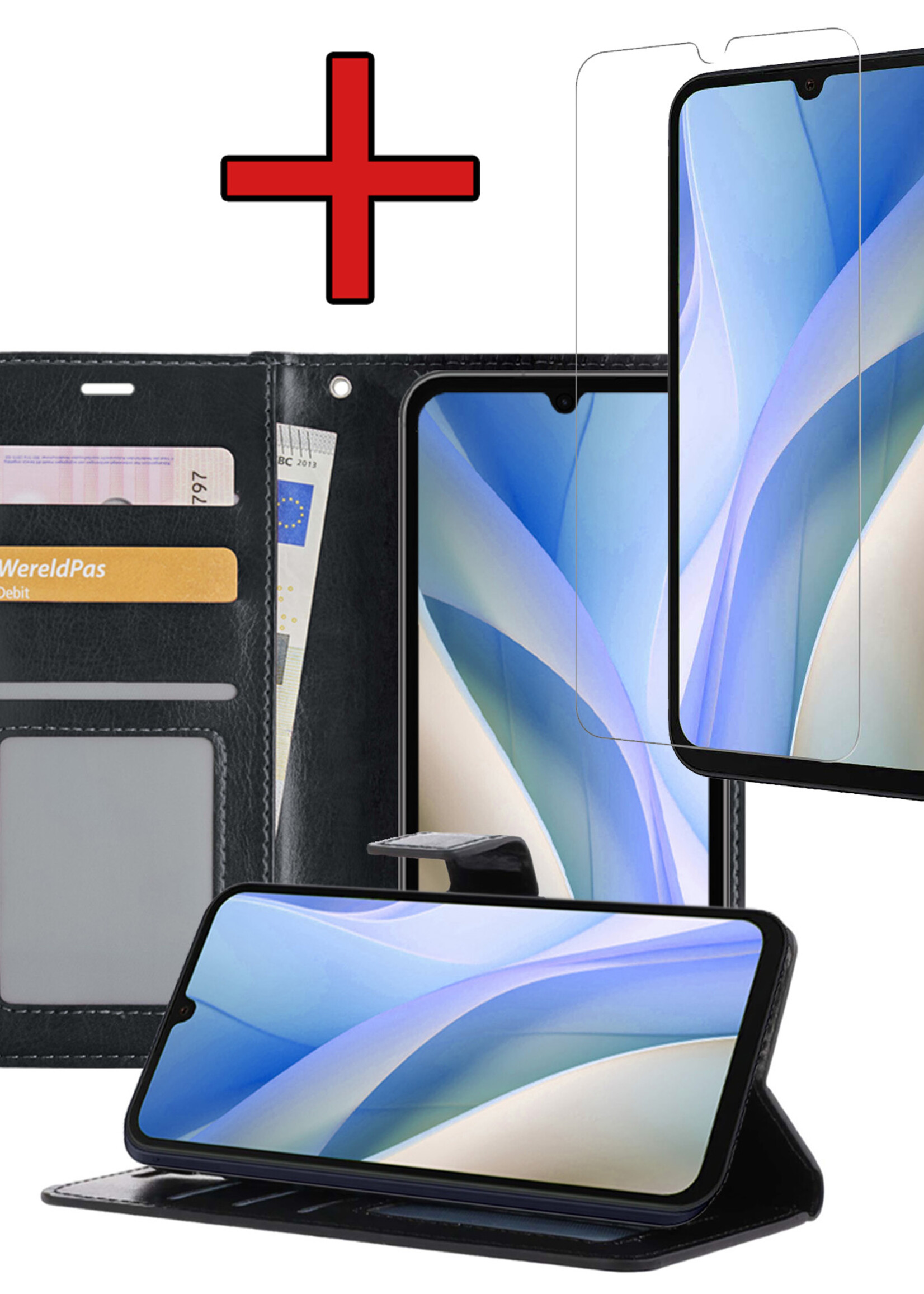 BTH Hoesje Geschikt voor Samsung A15 Hoesje Book Case Hoes Portemonnee Cover Walletcase Met Screenprotector - Hoes Geschikt voor Samsung Galaxy A15 Hoes Bookcase Hoesje - Zwart