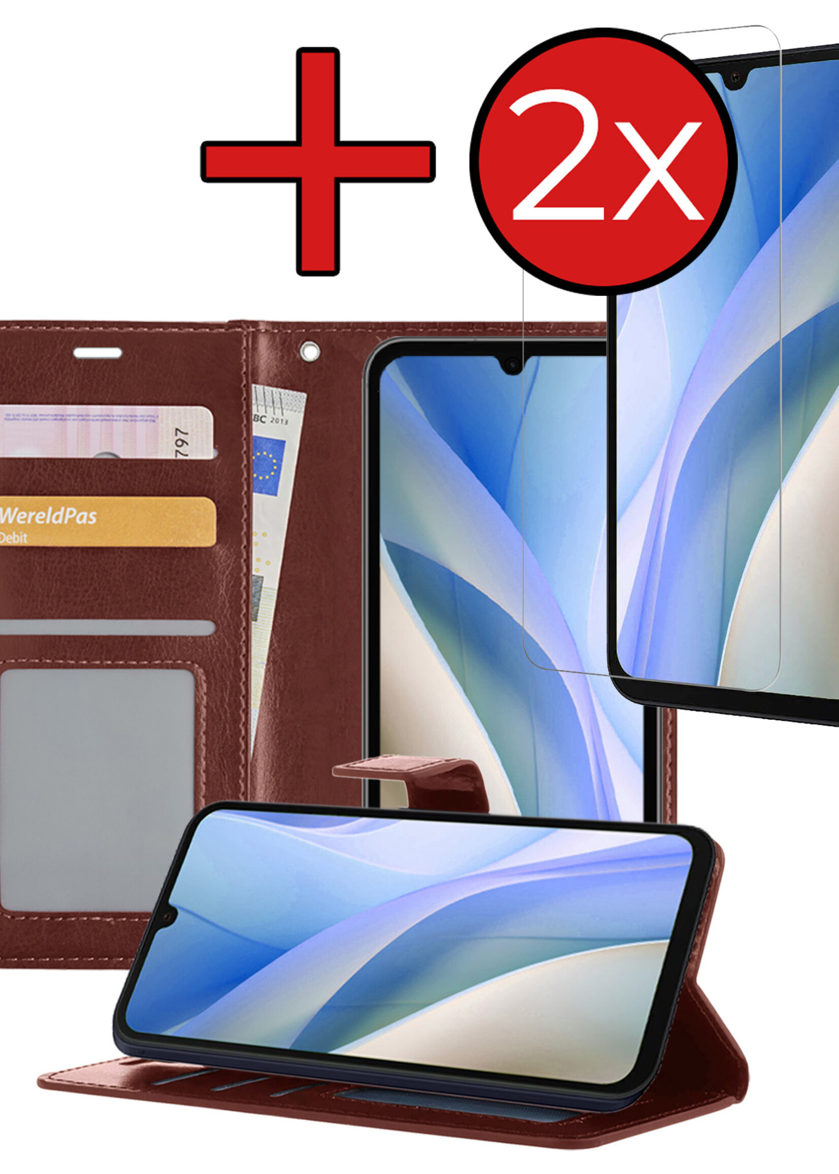 BTH Hoesje Geschikt voor Samsung A15 Hoesje Book Case Hoes Portemonnee Cover Walletcase Met 2x Screenprotector - Hoes Geschikt voor Samsung Galaxy A15 Hoes Bookcase Hoesje - Bruin