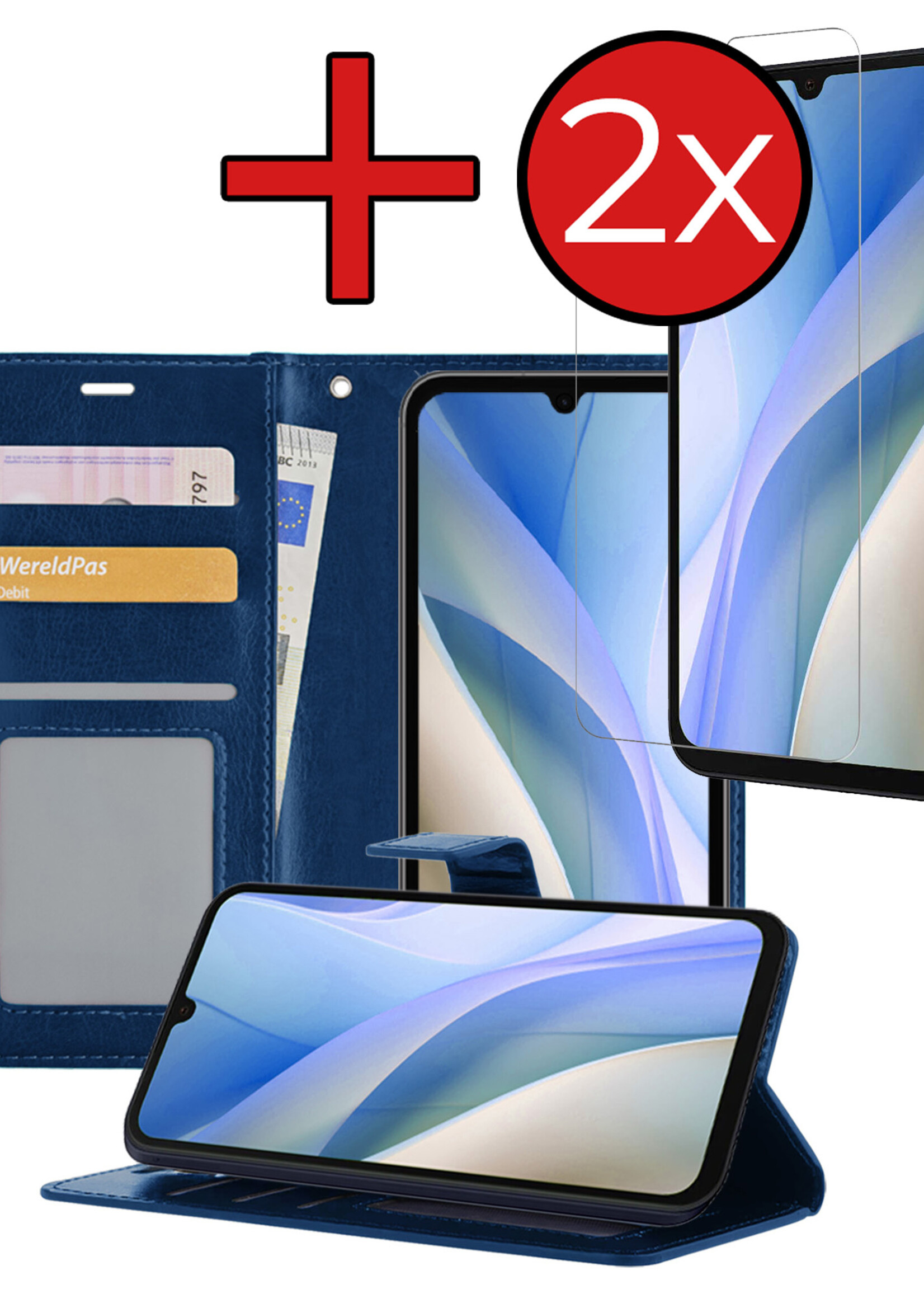 BTH Hoesje Geschikt voor Samsung A15 Hoesje Book Case Hoes Portemonnee Cover Walletcase Met 2x Screenprotector - Hoes Geschikt voor Samsung Galaxy A15 Hoes Bookcase Hoesje - Donkerblauw