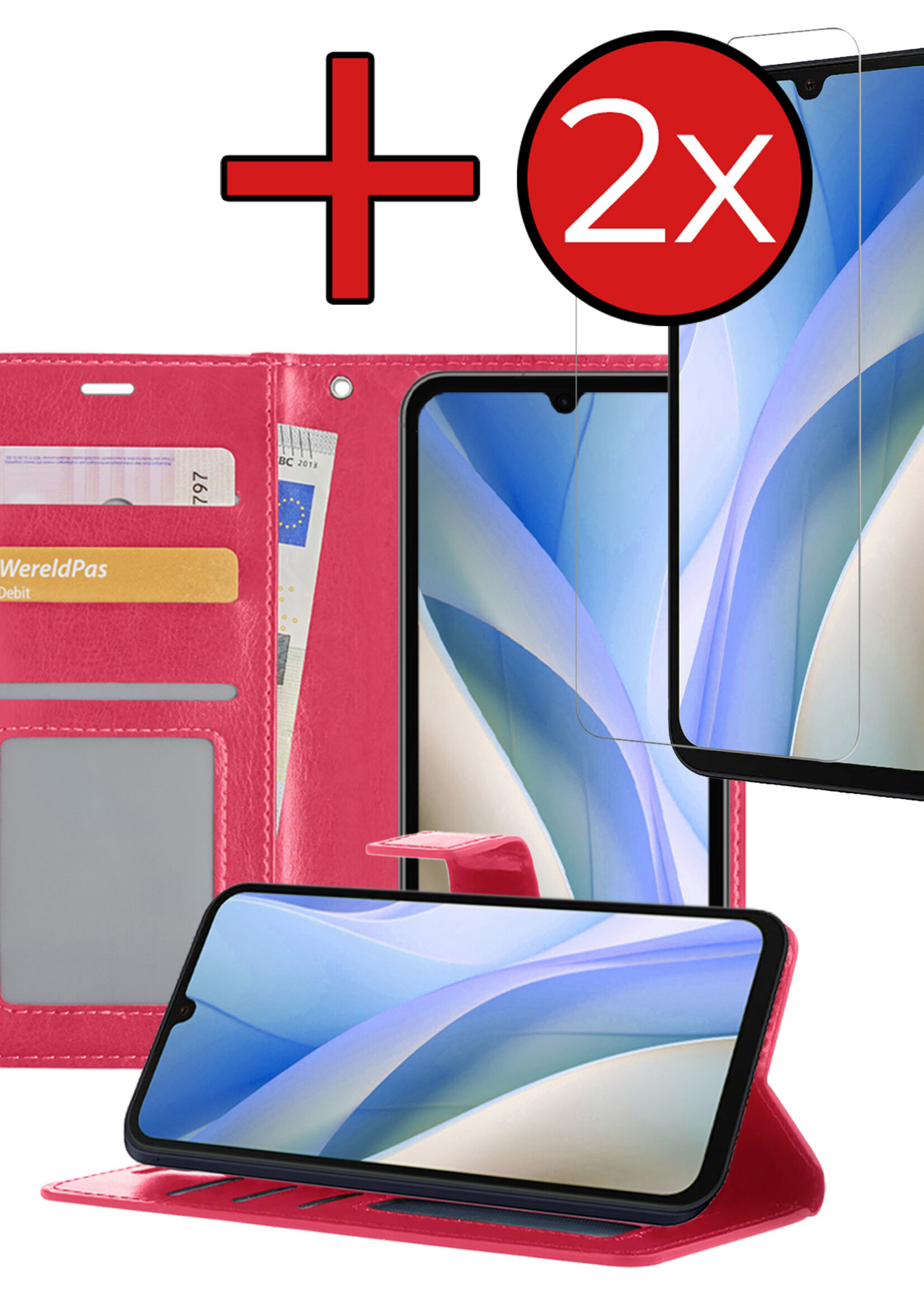 BTH Hoesje Geschikt voor Samsung A15 Hoesje Book Case Hoes Portemonnee Cover Walletcase Met 2x Screenprotector - Hoes Geschikt voor Samsung Galaxy A15 Hoes Bookcase Hoesje - Donkerroze