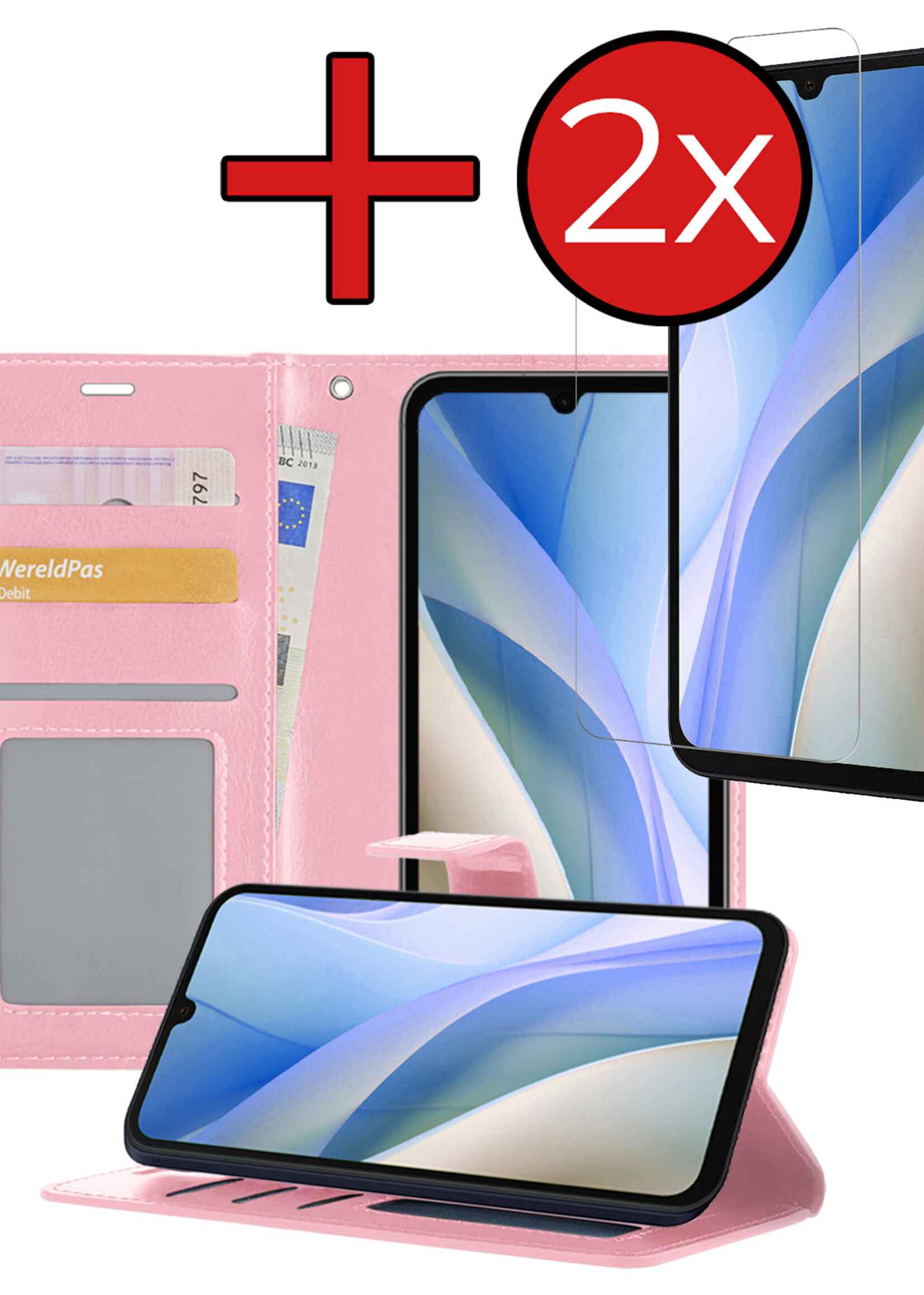 BTH Hoesje Geschikt voor Samsung A15 Hoesje Book Case Hoes Portemonnee Cover Walletcase Met 2x Screenprotector - Hoes Geschikt voor Samsung Galaxy A15 Hoes Bookcase Hoesje - Lichtroze