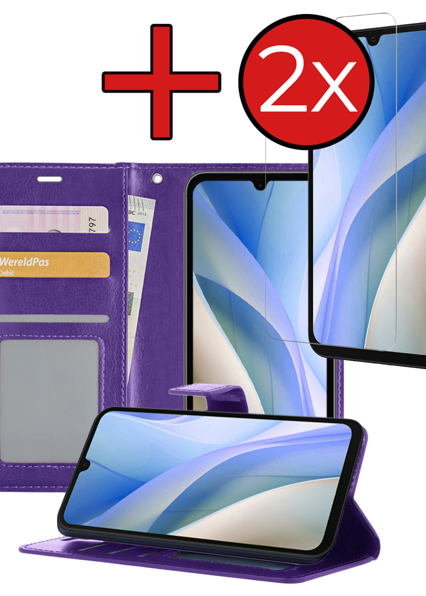 BTH Hoesje Geschikt voor Samsung A15 Hoesje Book Case Hoes Portemonnee Cover Walletcase Met 2x Screenprotector - Hoes Geschikt voor Samsung Galaxy A15 Hoes Bookcase Hoesje - Paars