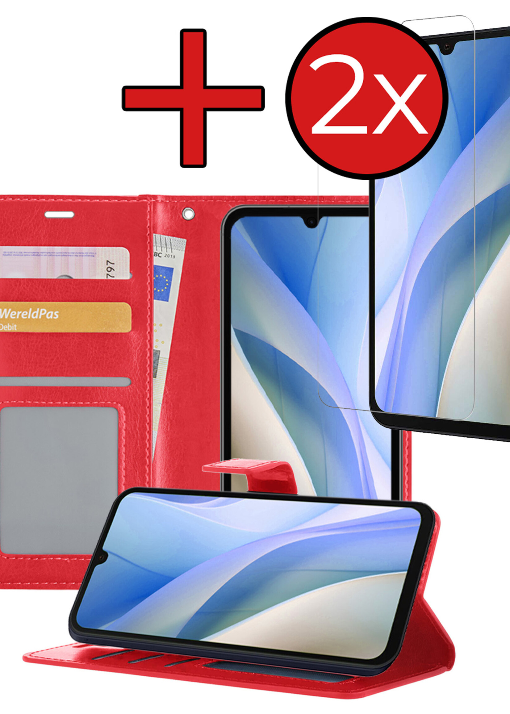 BTH Hoesje Geschikt voor Samsung A15 Hoesje Book Case Hoes Portemonnee Cover Walletcase Met 2x Screenprotector - Hoes Geschikt voor Samsung Galaxy A15 Hoes Bookcase Hoesje - Rood