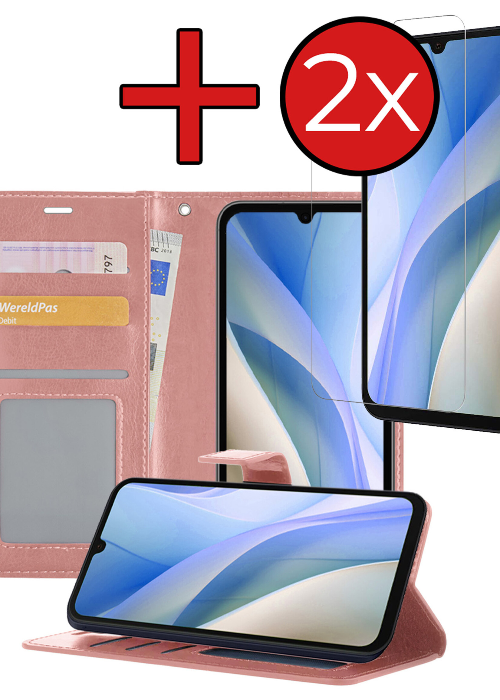 BTH Hoesje Geschikt voor Samsung A15 Hoesje Book Case Hoes Portemonnee Cover Walletcase Met 2x Screenprotector - Hoes Geschikt voor Samsung Galaxy A15 Hoes Bookcase Hoesje - Rosé goud