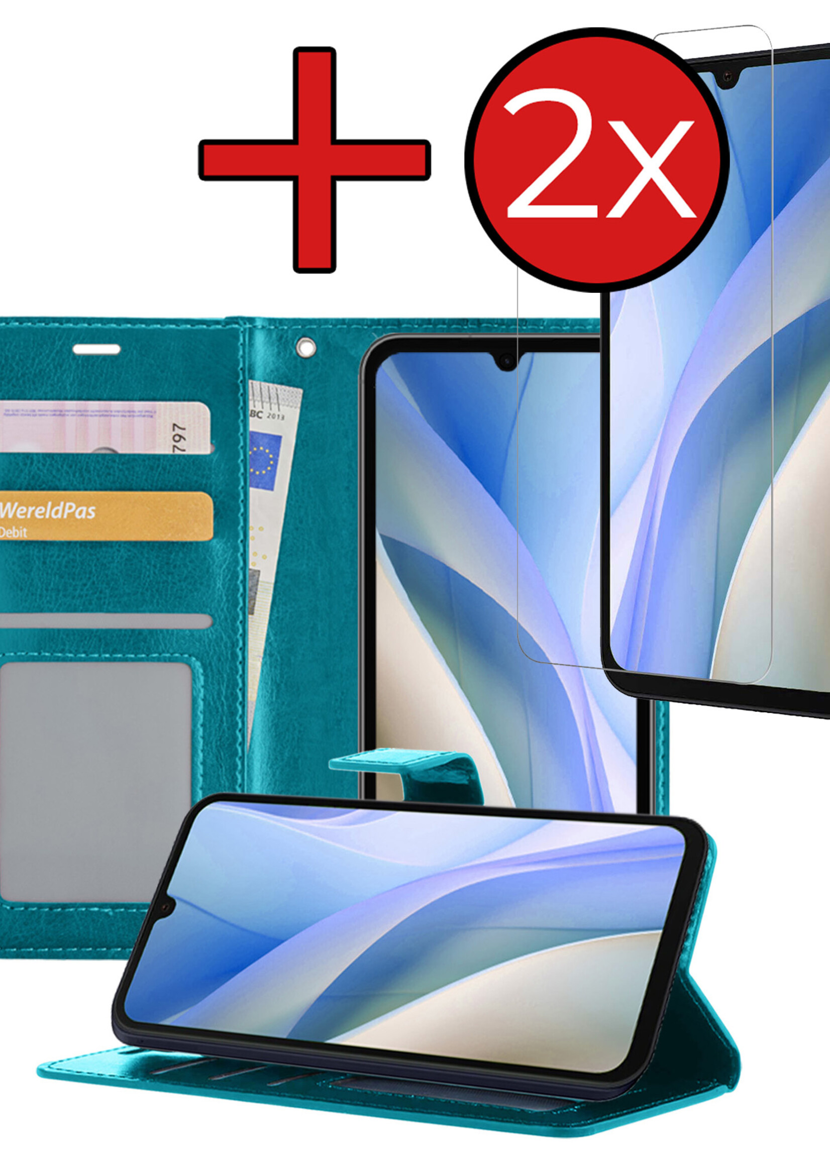 BTH Hoesje Geschikt voor Samsung A15 Hoesje Book Case Hoes Portemonnee Cover Walletcase Met 2x Screenprotector - Hoes Geschikt voor Samsung Galaxy A15 Hoes Bookcase Hoesje - Turquoise