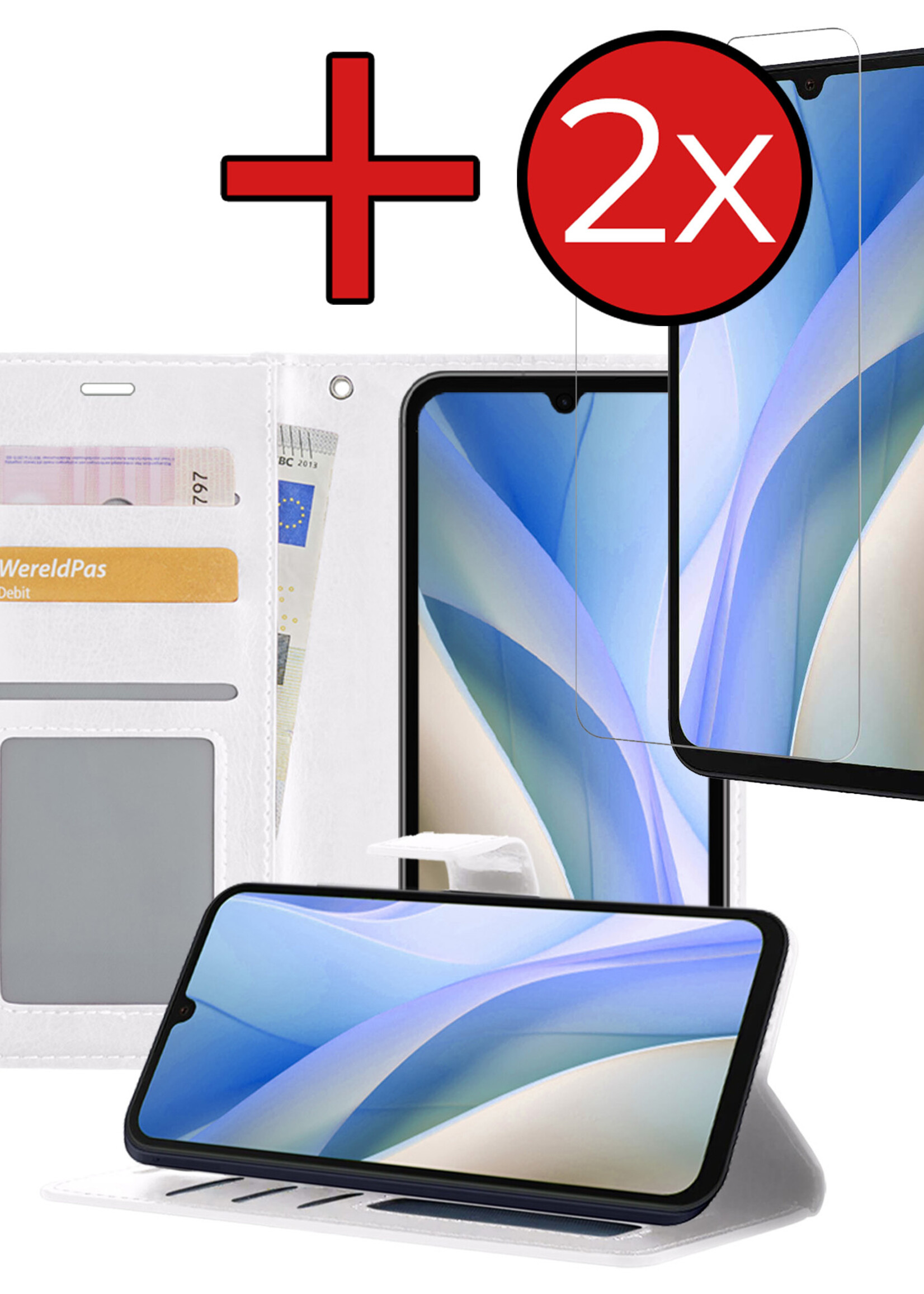 BTH Hoesje Geschikt voor Samsung A15 Hoesje Book Case Hoes Portemonnee Cover Walletcase Met 2x Screenprotector - Hoes Geschikt voor Samsung Galaxy A15 Hoes Bookcase Hoesje - Wit
