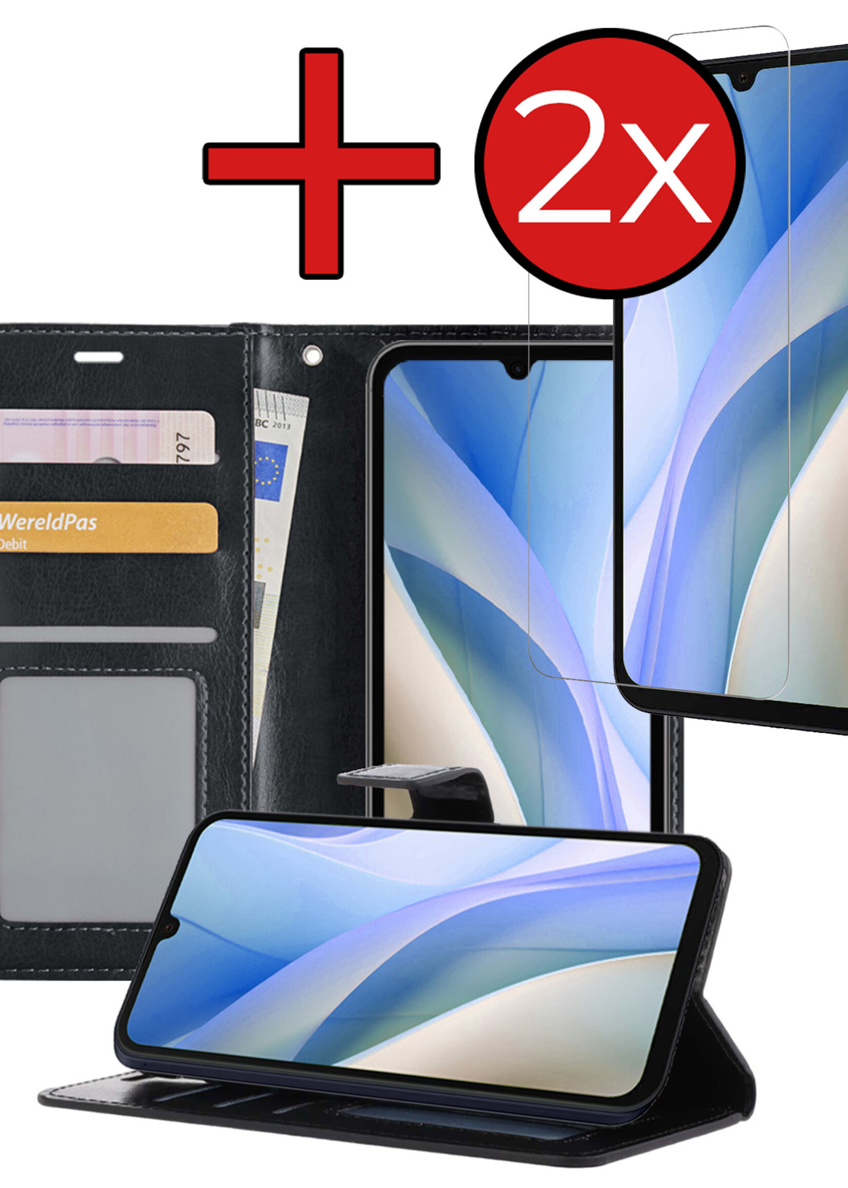 BTH Hoesje Geschikt voor Samsung A15 Hoesje Book Case Hoes Portemonnee Cover Walletcase Met 2x Screenprotector - Hoes Geschikt voor Samsung Galaxy A15 Hoes Bookcase Hoesje - Zwart