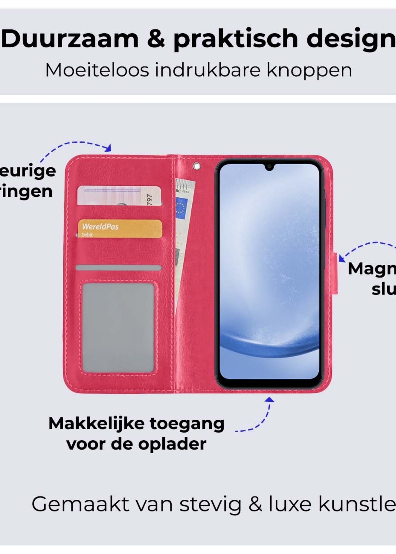 BTH Hoesje Geschikt voor Samsung A25 Hoesje Book Case Hoes Portemonnee Cover Walletcase - Hoes Geschikt voor Samsung Galaxy A25 Hoes Bookcase Hoesje - Donkerroze