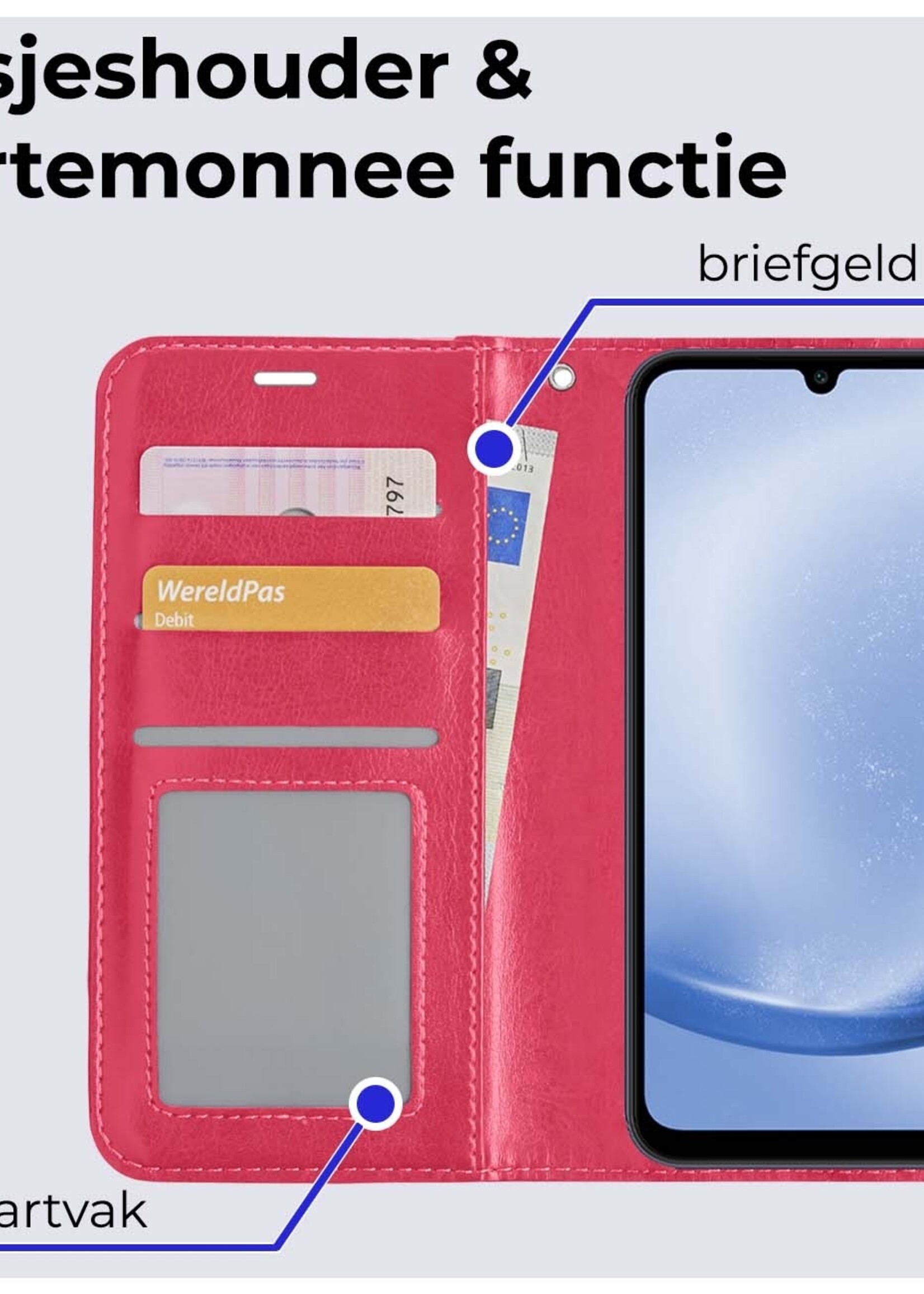 BTH Hoesje Geschikt voor Samsung A25 Hoesje Book Case Hoes Portemonnee Cover Walletcase Met Screenprotector - Hoes Geschikt voor Samsung Galaxy A25 Hoes Bookcase Hoesje - Donkerroze