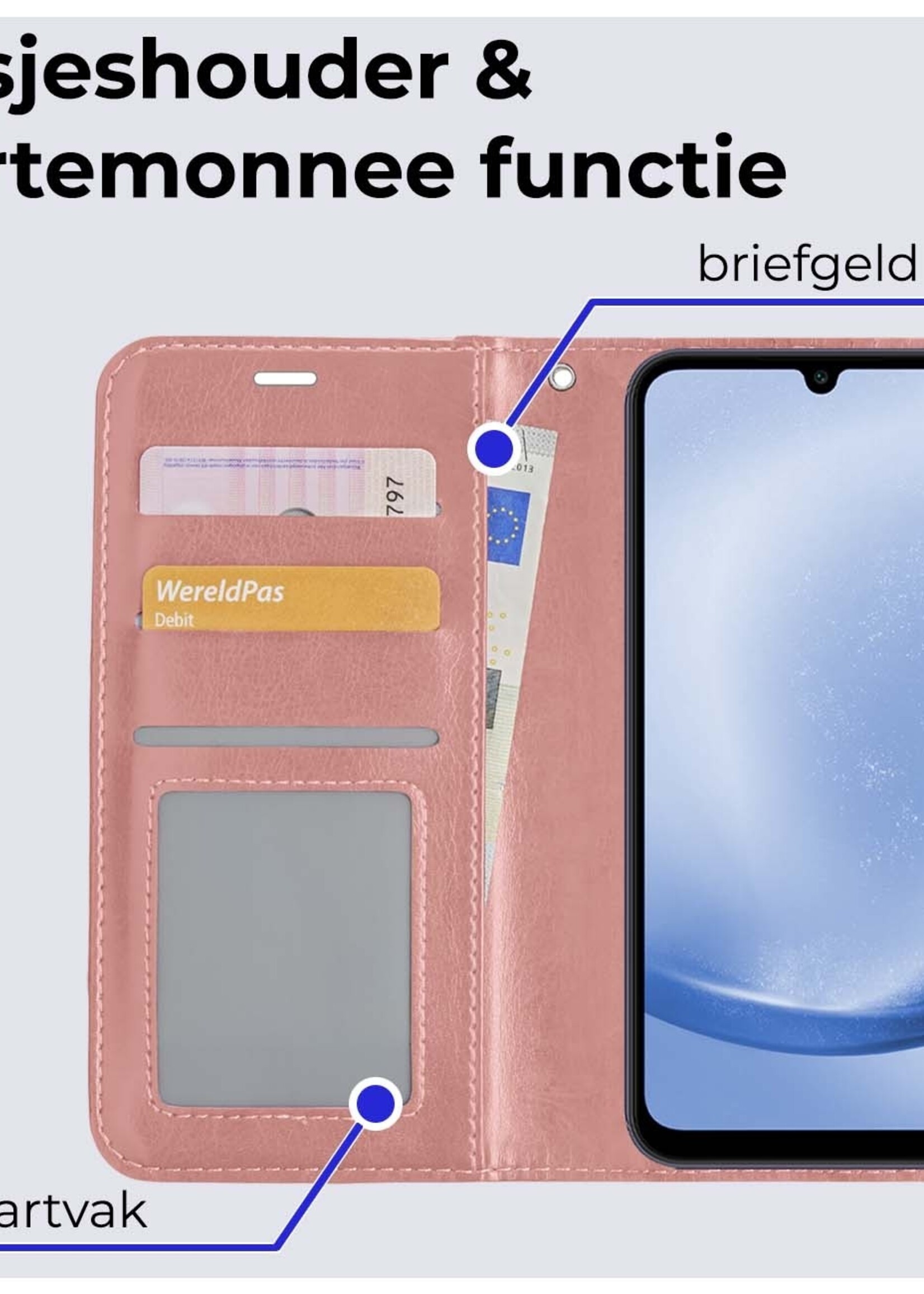 BTH Hoesje Geschikt voor Samsung A25 Hoesje Book Case Hoes Portemonnee Cover Walletcase Met Screenprotector - Hoes Geschikt voor Samsung Galaxy A25 Hoes Bookcase Hoesje - Rosé goud