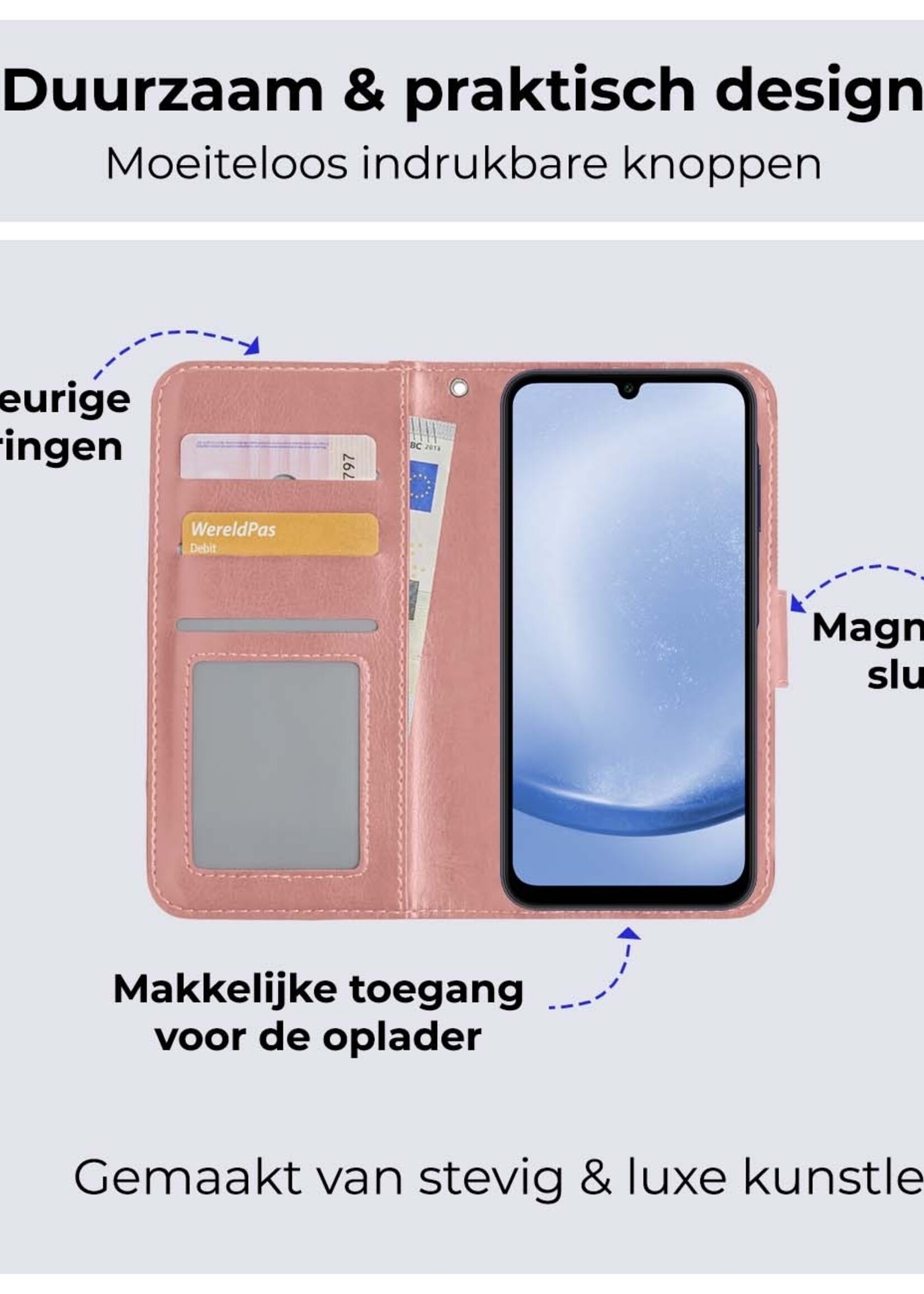 BTH Hoesje Geschikt voor Samsung A25 Hoesje Book Case Hoes Portemonnee Cover Walletcase Met Screenprotector - Hoes Geschikt voor Samsung Galaxy A25 Hoes Bookcase Hoesje - Rosé goud