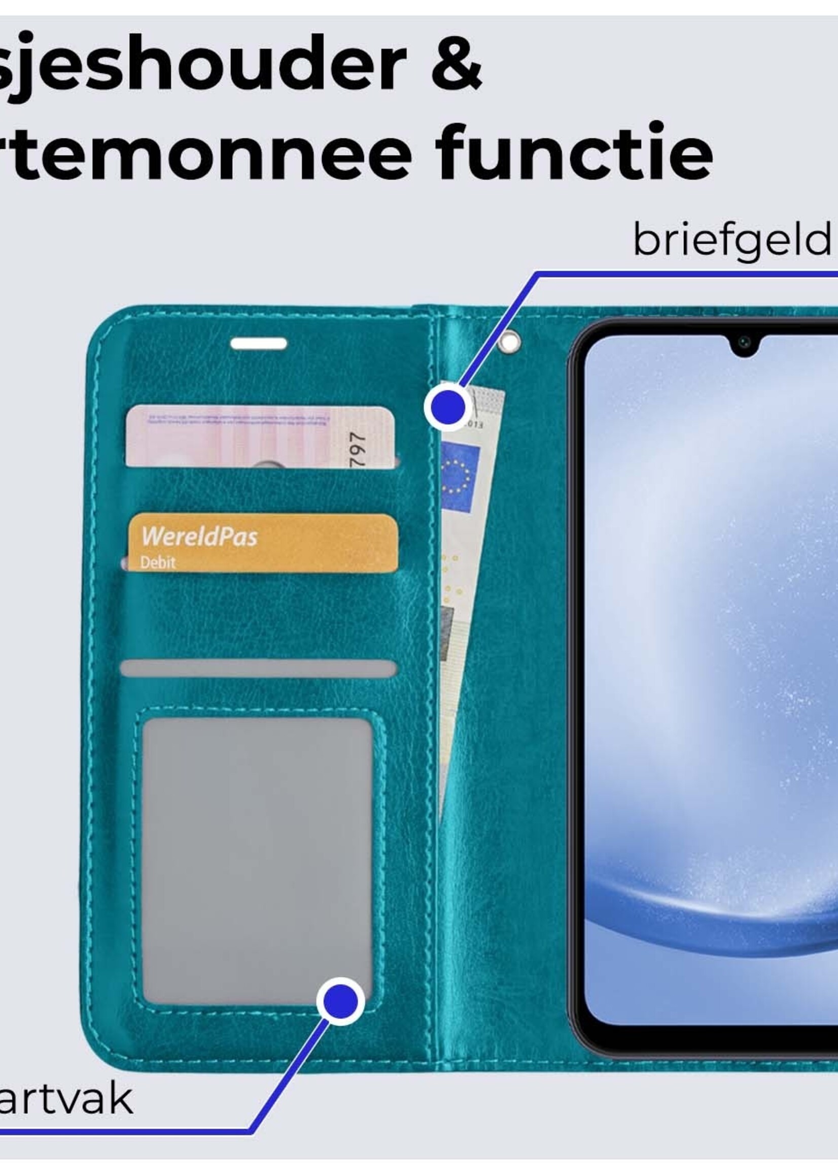 BTH Hoesje Geschikt voor Samsung A25 Hoesje Book Case Hoes Portemonnee Cover Walletcase Met Screenprotector - Hoes Geschikt voor Samsung Galaxy A25 Hoes Bookcase Hoesje - Turquoise