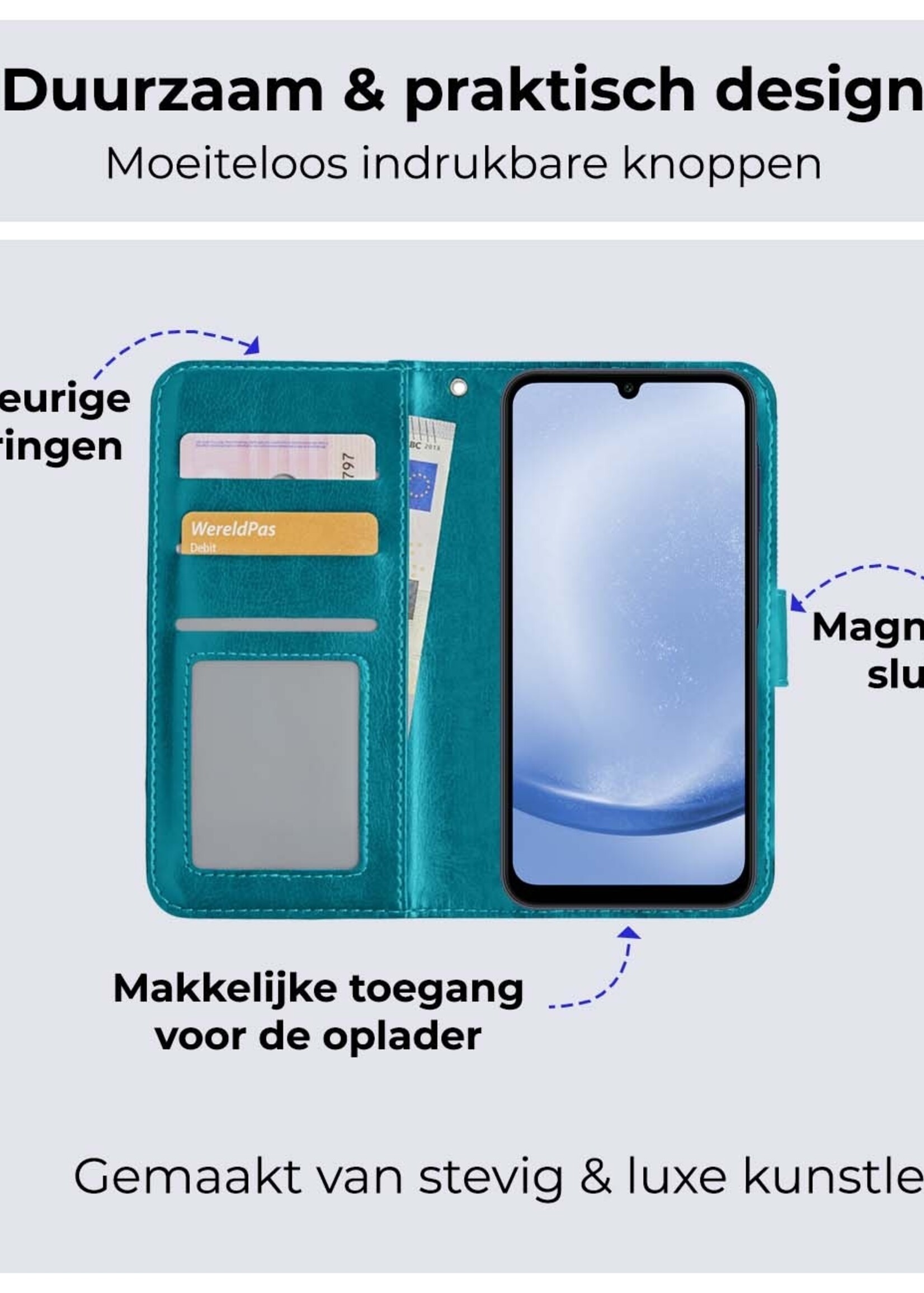 BTH Hoesje Geschikt voor Samsung A25 Hoesje Book Case Hoes Portemonnee Cover Walletcase Met Screenprotector - Hoes Geschikt voor Samsung Galaxy A25 Hoes Bookcase Hoesje - Turquoise