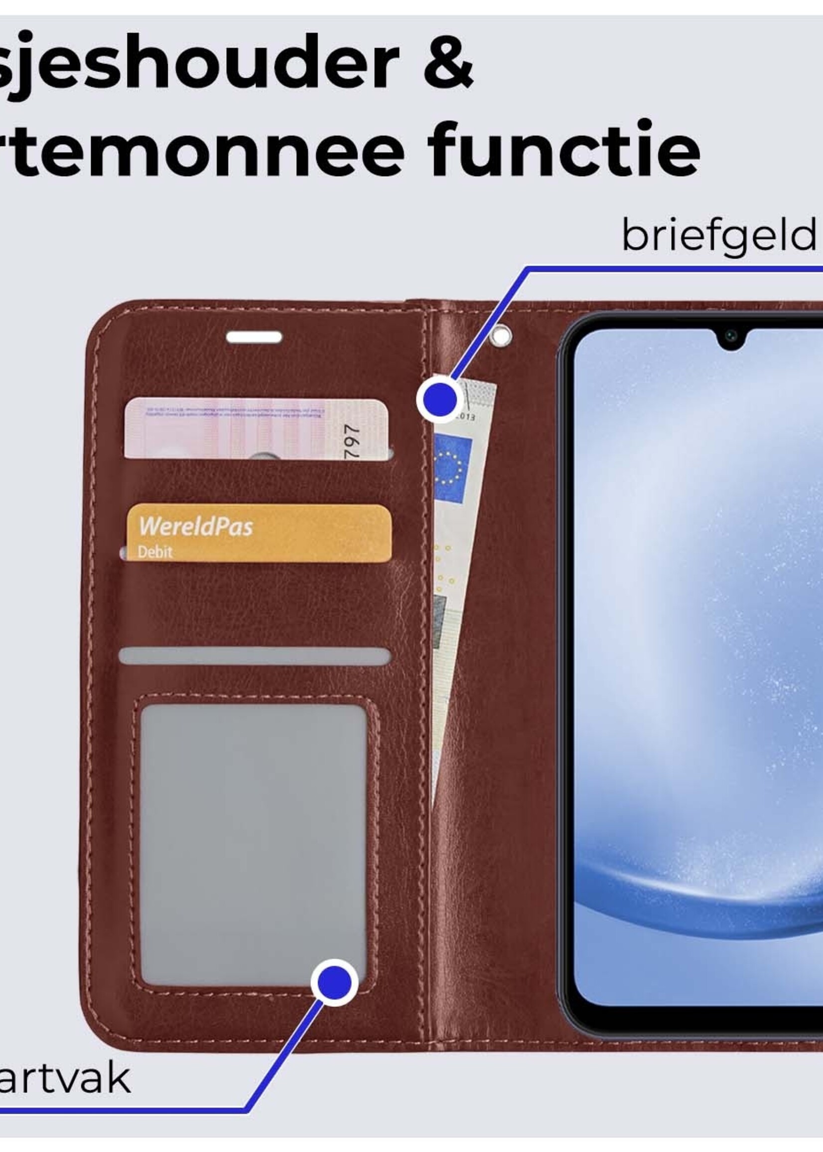 BTH Hoesje Geschikt voor Samsung A25 Hoesje Book Case Hoes Portemonnee Cover Walletcase Met 2x Screenprotector - Hoes Geschikt voor Samsung Galaxy A25 Hoes Bookcase Hoesje - Bruin