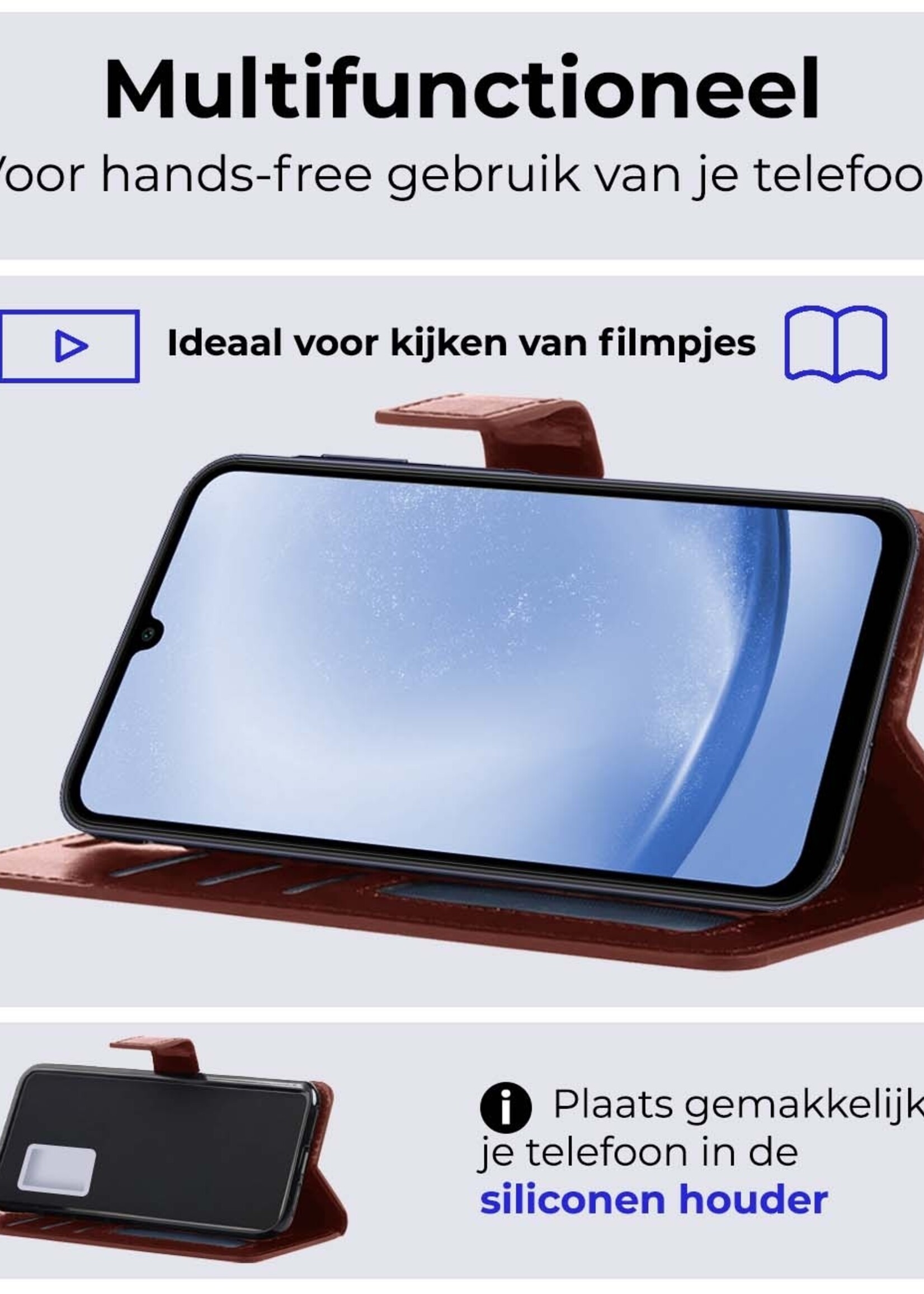 BTH Hoesje Geschikt voor Samsung A25 Hoesje Book Case Hoes Portemonnee Cover Walletcase Met 2x Screenprotector - Hoes Geschikt voor Samsung Galaxy A25 Hoes Bookcase Hoesje - Bruin