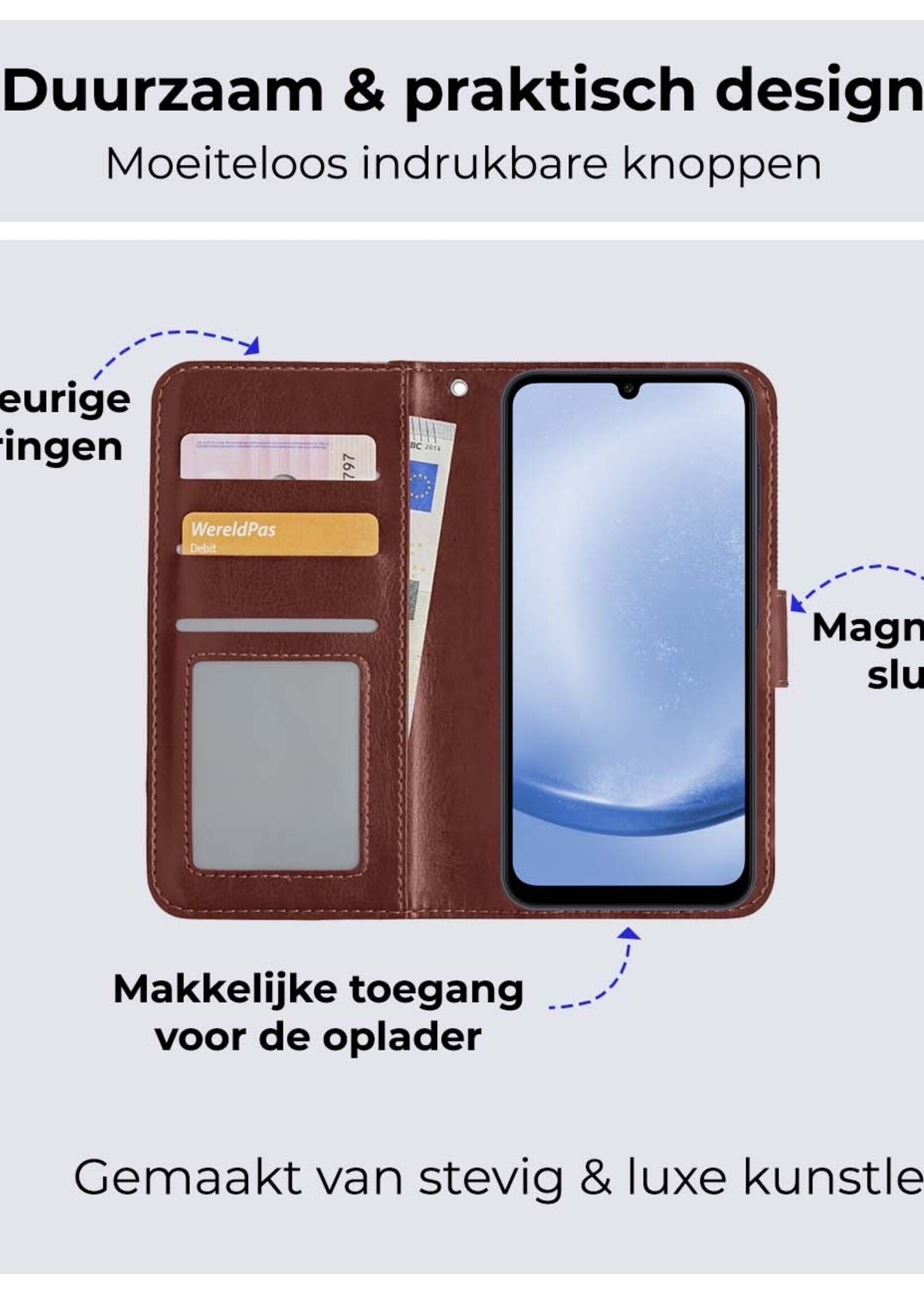 BTH Hoesje Geschikt voor Samsung A25 Hoesje Book Case Hoes Portemonnee Cover Walletcase Met 2x Screenprotector - Hoes Geschikt voor Samsung Galaxy A25 Hoes Bookcase Hoesje - Bruin