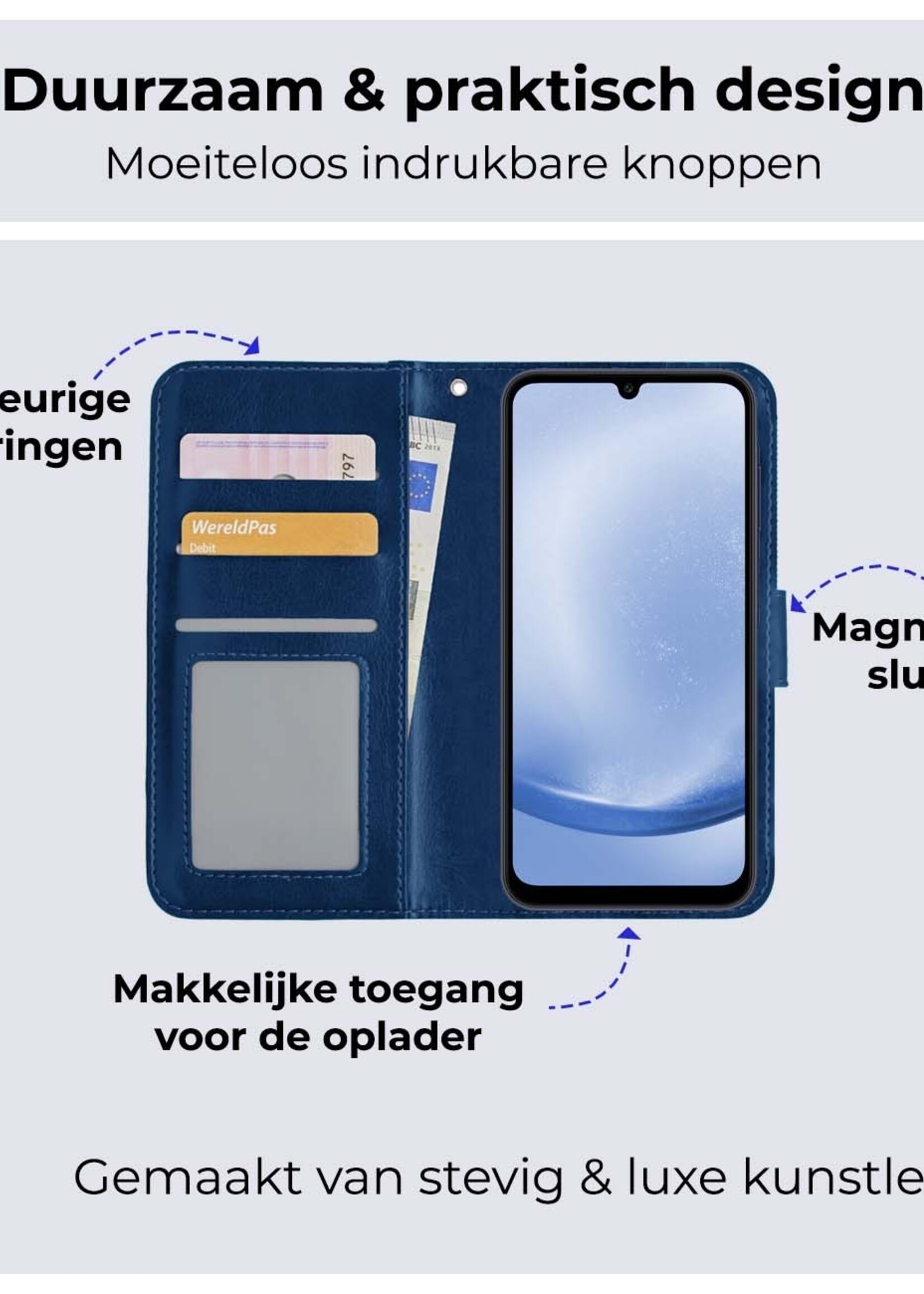 BTH Hoesje Geschikt voor Samsung A25 Hoesje Book Case Hoes Portemonnee Cover Walletcase Met 2x Screenprotector - Hoes Geschikt voor Samsung Galaxy A25 Hoes Bookcase Hoesje - Donkerblauw