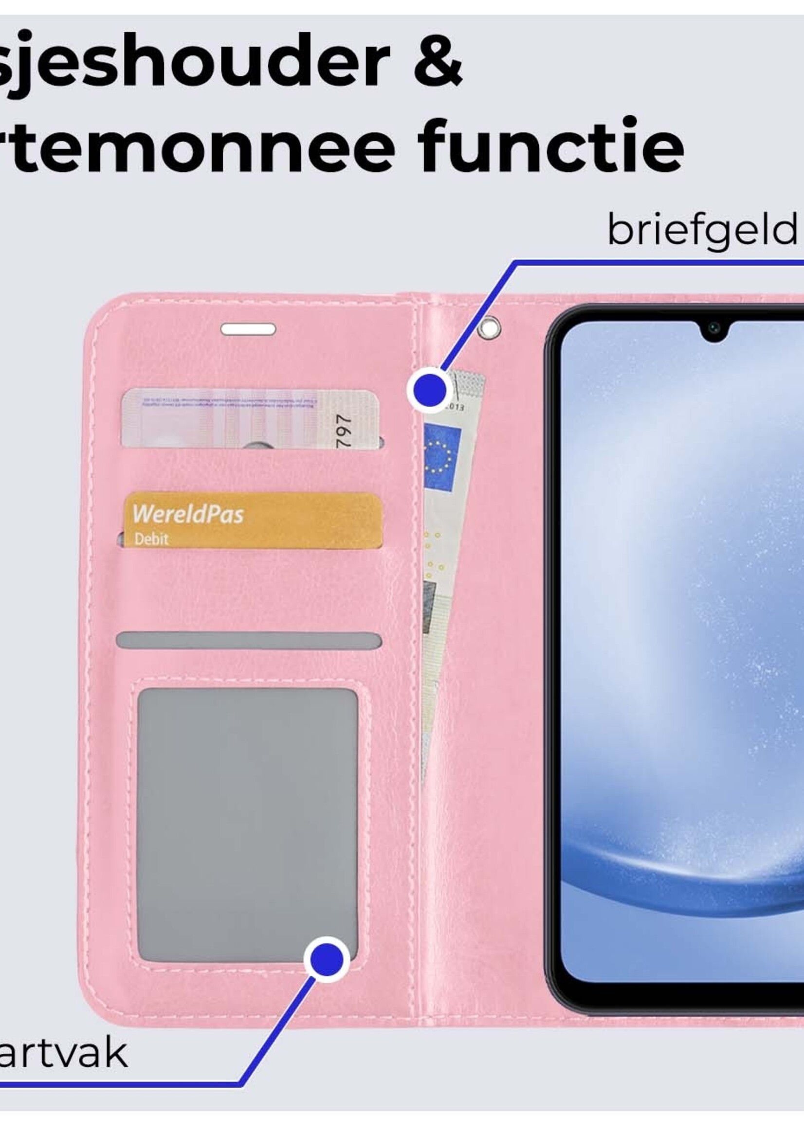 BTH Hoesje Geschikt voor Samsung A25 Hoesje Book Case Hoes Portemonnee Cover Walletcase Met 2x Screenprotector - Hoes Geschikt voor Samsung Galaxy A25 Hoes Bookcase Hoesje - Lichtroze