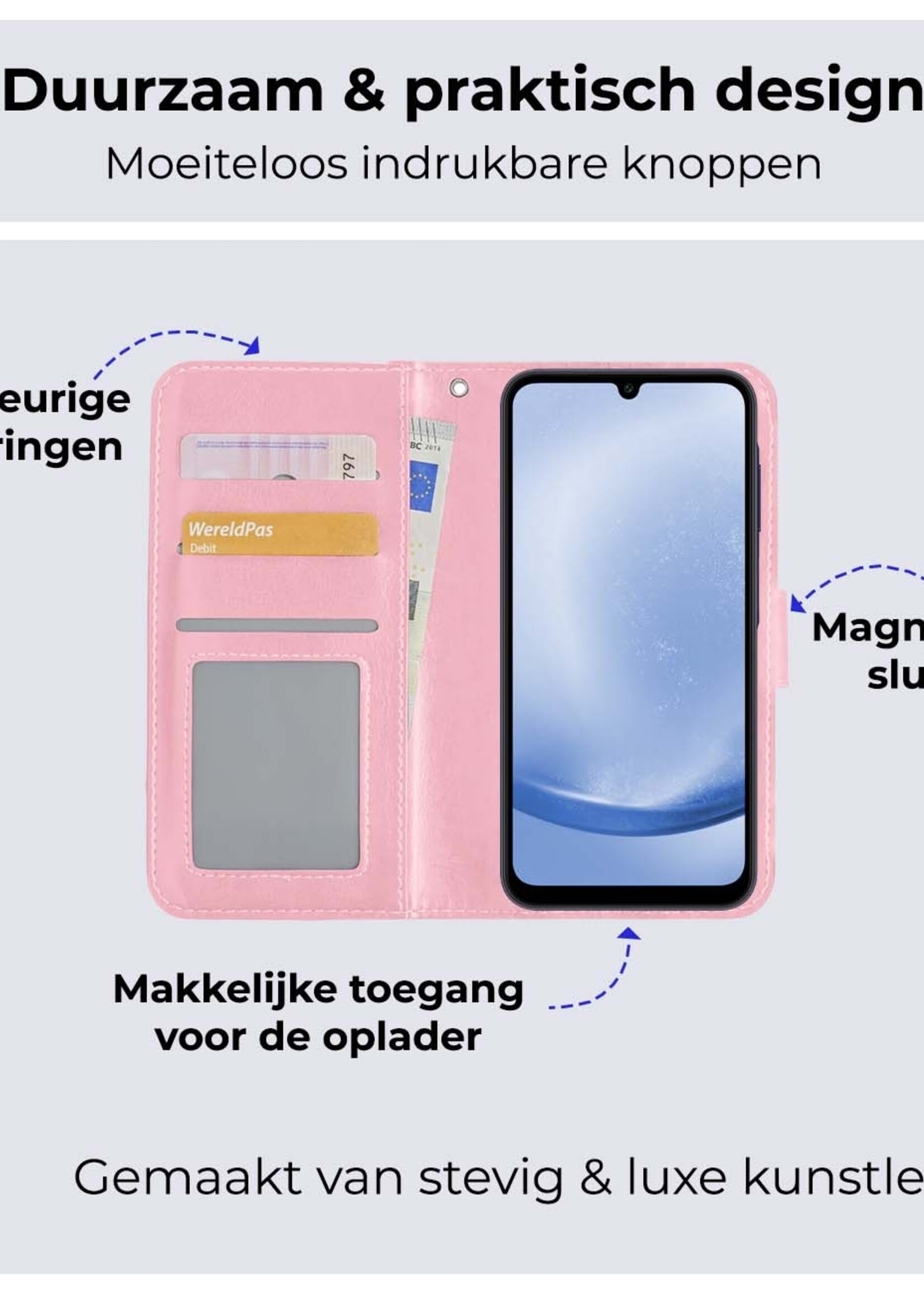 BTH Hoesje Geschikt voor Samsung A25 Hoesje Book Case Hoes Portemonnee Cover Walletcase Met 2x Screenprotector - Hoes Geschikt voor Samsung Galaxy A25 Hoes Bookcase Hoesje - Lichtroze