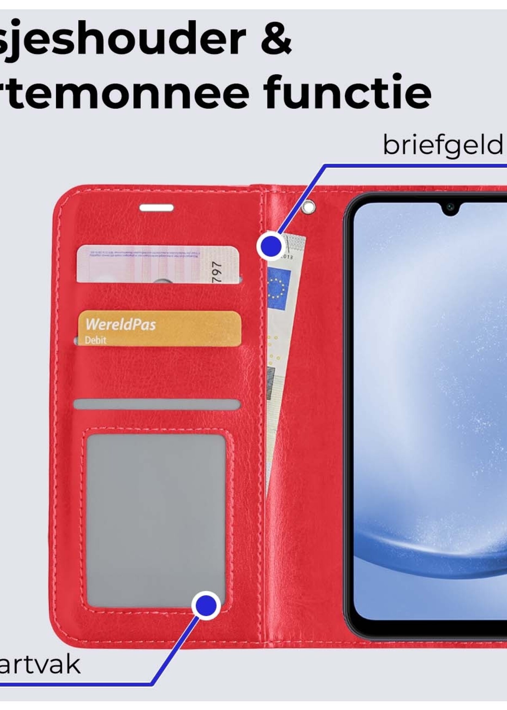 BTH Hoesje Geschikt voor Samsung A25 Hoesje Book Case Hoes Portemonnee Cover Walletcase Met 2x Screenprotector - Hoes Geschikt voor Samsung Galaxy A25 Hoes Bookcase Hoesje - Rood