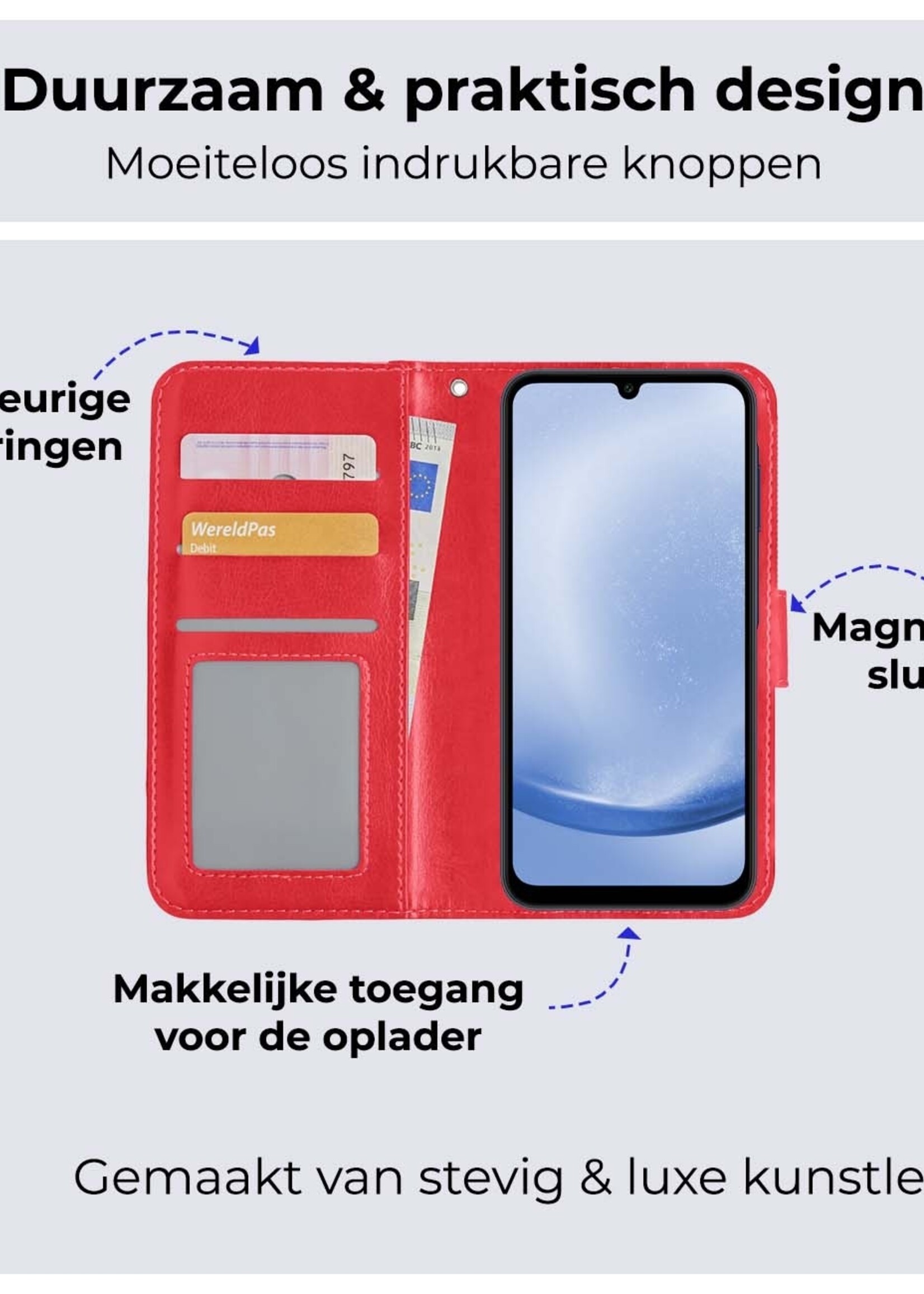BTH Hoesje Geschikt voor Samsung A25 Hoesje Book Case Hoes Portemonnee Cover Walletcase Met 2x Screenprotector - Hoes Geschikt voor Samsung Galaxy A25 Hoes Bookcase Hoesje - Rood