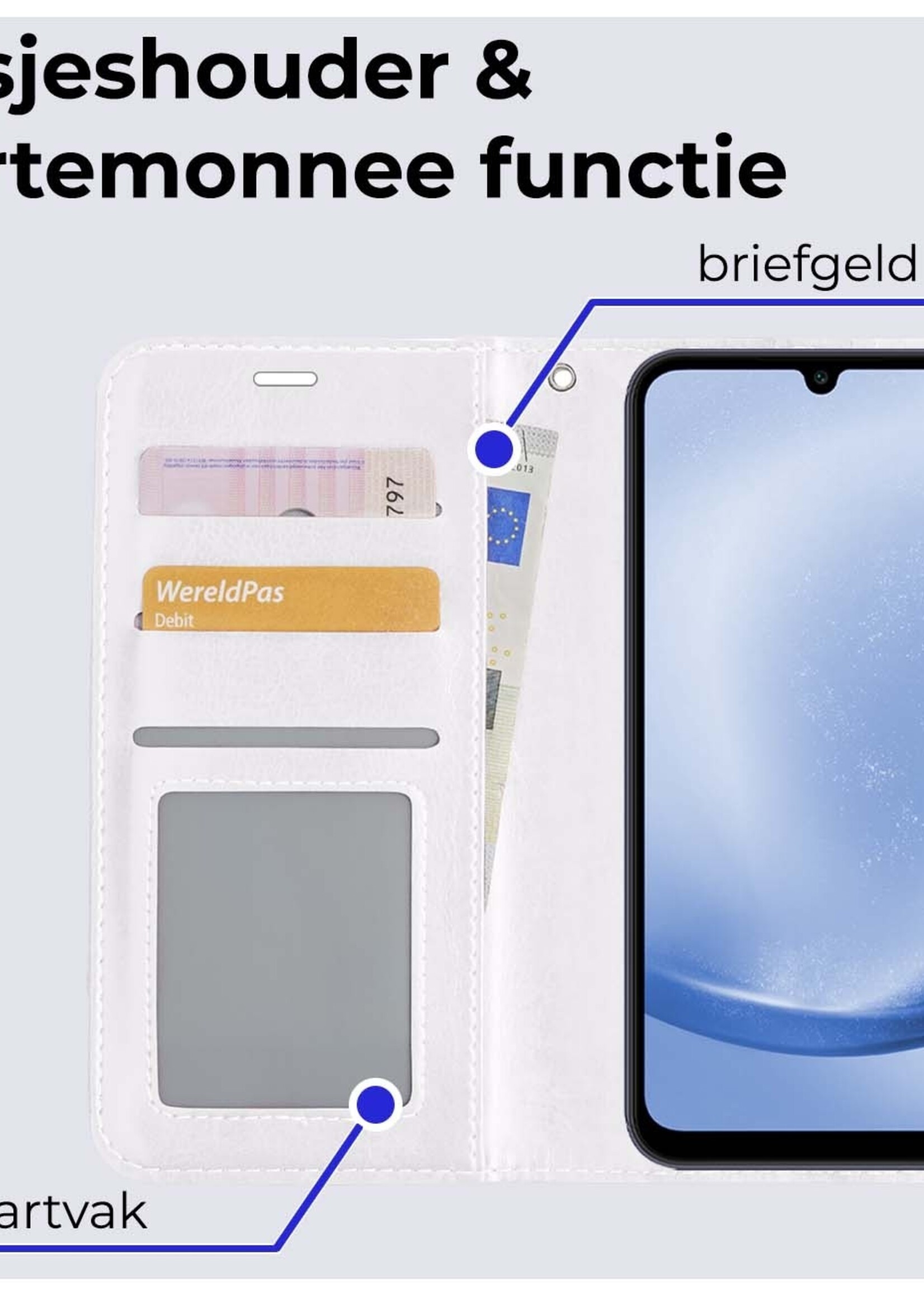 BTH Hoesje Geschikt voor Samsung A25 Hoesje Book Case Hoes Portemonnee Cover Walletcase Met 2x Screenprotector - Hoes Geschikt voor Samsung Galaxy A25 Hoes Bookcase Hoesje - Wit
