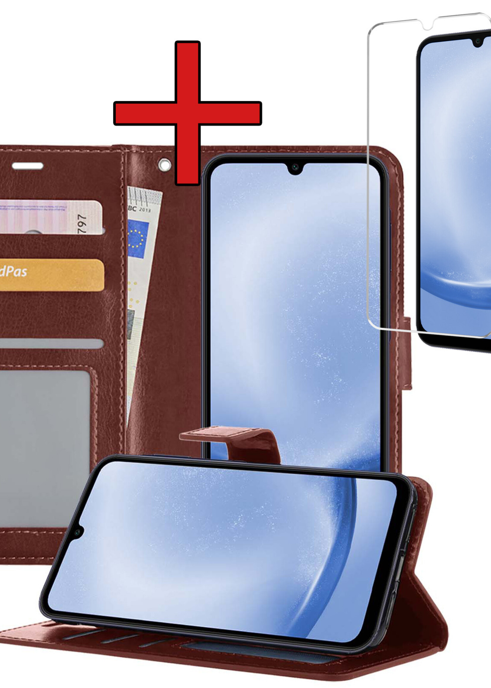 BTH Hoesje Geschikt voor Samsung A25 Hoesje Book Case Hoes Portemonnee Cover Walletcase Met Screenprotector - Hoes Geschikt voor Samsung Galaxy A25 Hoes Bookcase Hoesje - Bruin