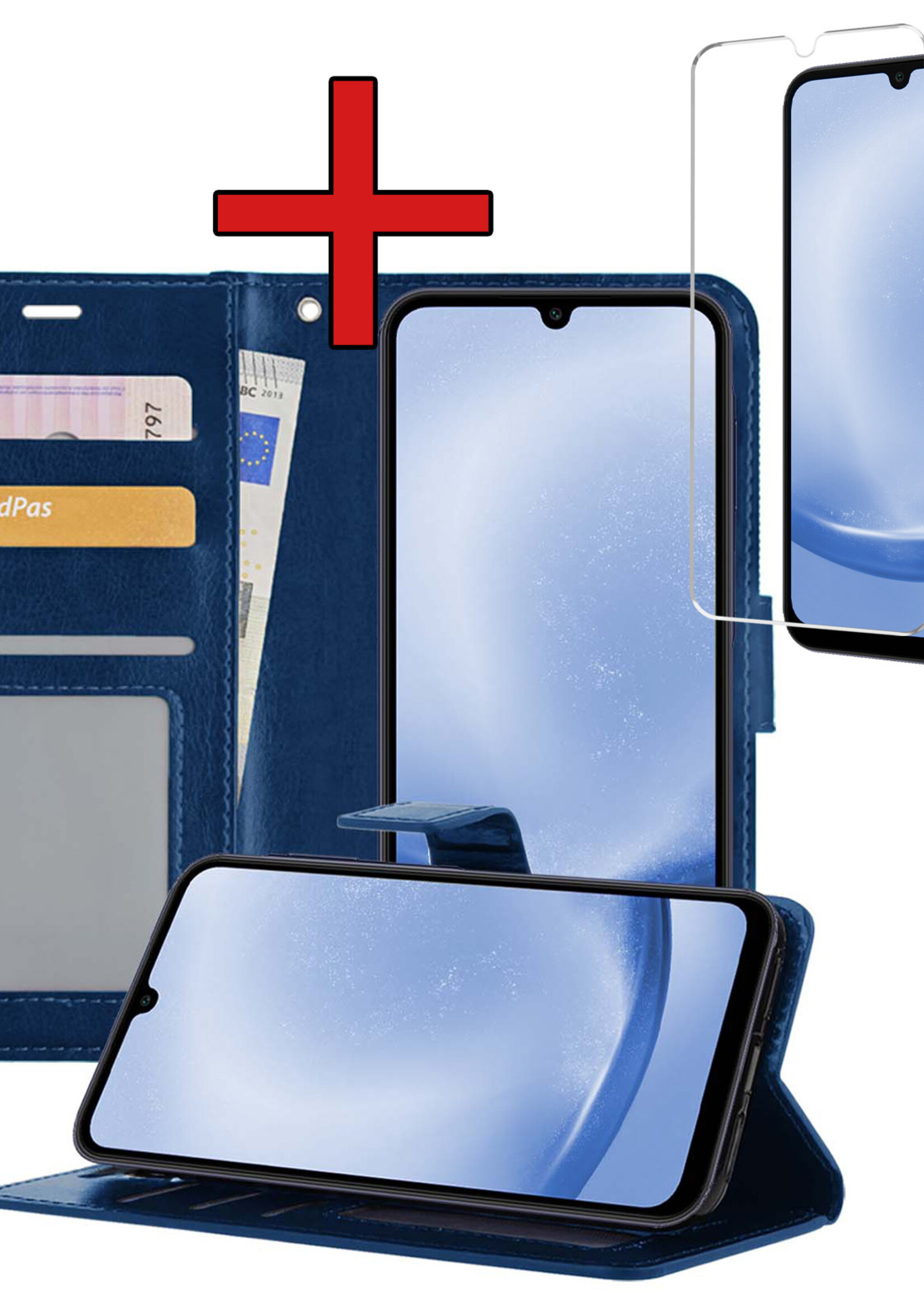 BTH Hoesje Geschikt voor Samsung A25 Hoesje Book Case Hoes Portemonnee Cover Walletcase Met Screenprotector - Hoes Geschikt voor Samsung Galaxy A25 Hoes Bookcase Hoesje - Donkerblauw