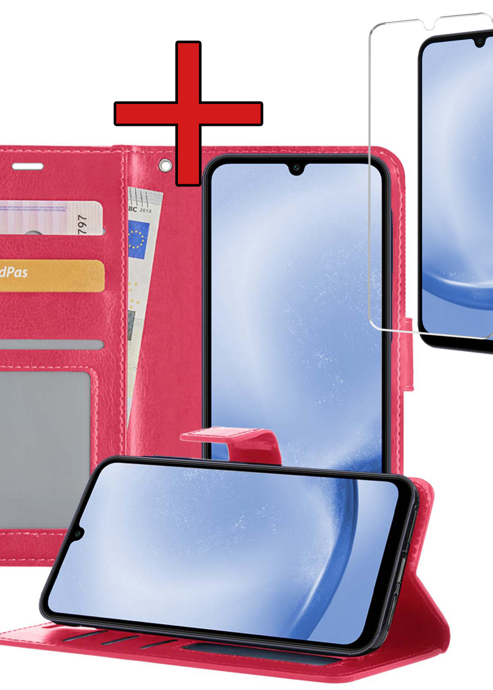 BTH Hoesje Geschikt voor Samsung A25 Hoesje Book Case Hoes Portemonnee Cover Walletcase Met Screenprotector - Hoes Geschikt voor Samsung Galaxy A25 Hoes Bookcase Hoesje - Donkerroze