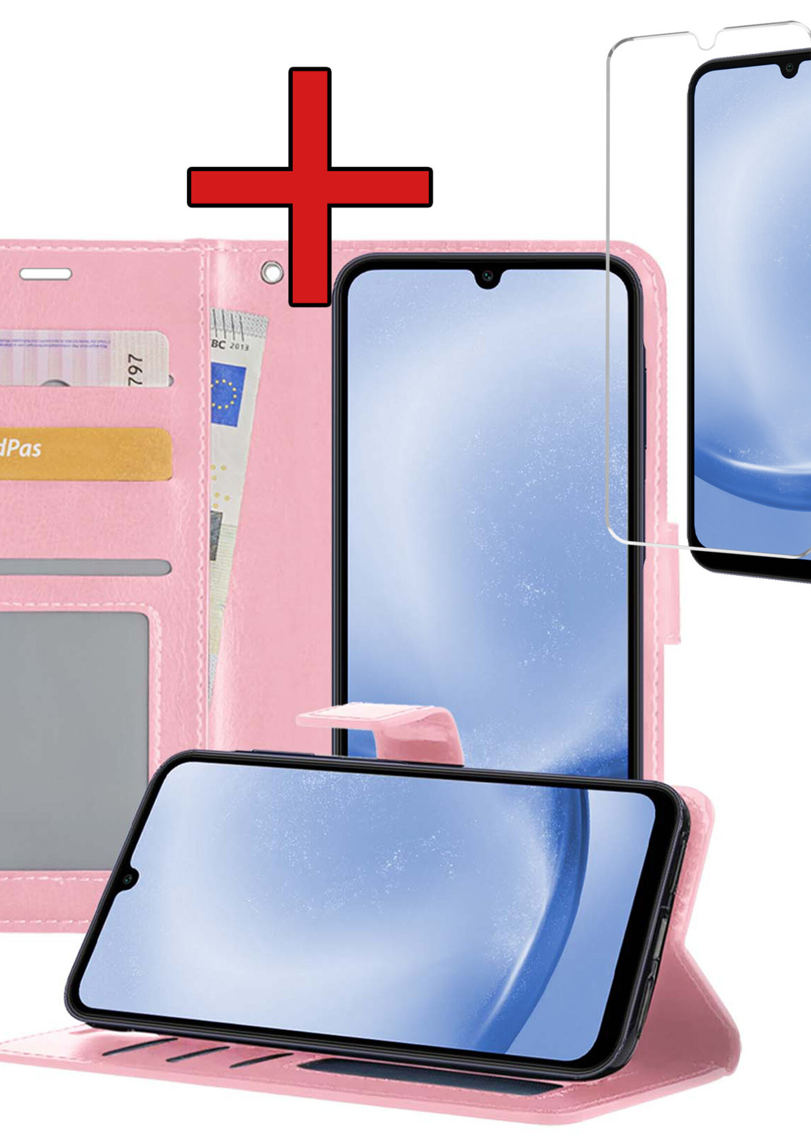 BTH Hoesje Geschikt voor Samsung A25 Hoesje Book Case Hoes Portemonnee Cover Walletcase Met Screenprotector - Hoes Geschikt voor Samsung Galaxy A25 Hoes Bookcase Hoesje - Lichtroze