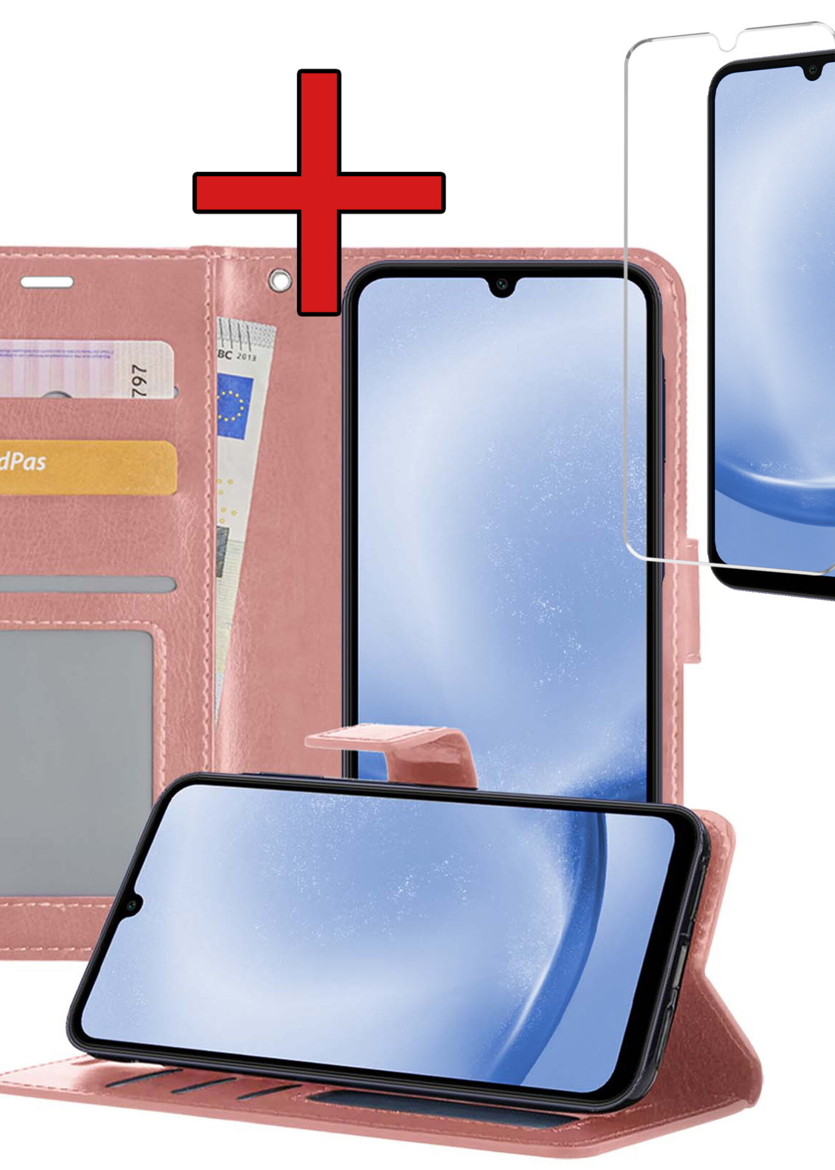 BTH Hoesje Geschikt voor Samsung A25 Hoesje Book Case Hoes Portemonnee Cover Walletcase Met Screenprotector - Hoes Geschikt voor Samsung Galaxy A25 Hoes Bookcase Hoesje - Rosé goud