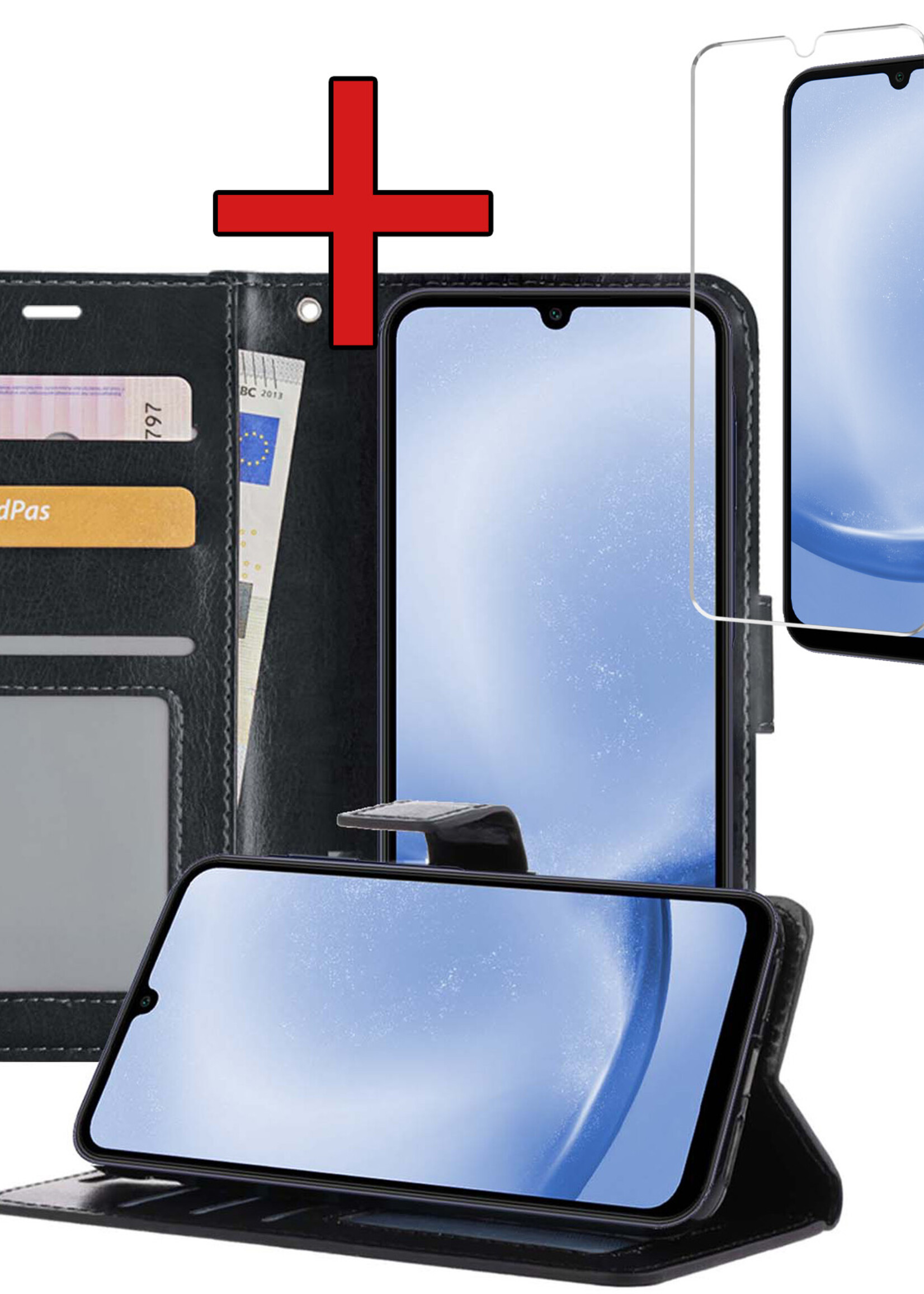 BTH Hoesje Geschikt voor Samsung A25 Hoesje Book Case Hoes Portemonnee Cover Walletcase Met Screenprotector - Hoes Geschikt voor Samsung Galaxy A25 Hoes Bookcase Hoesje - Zwart