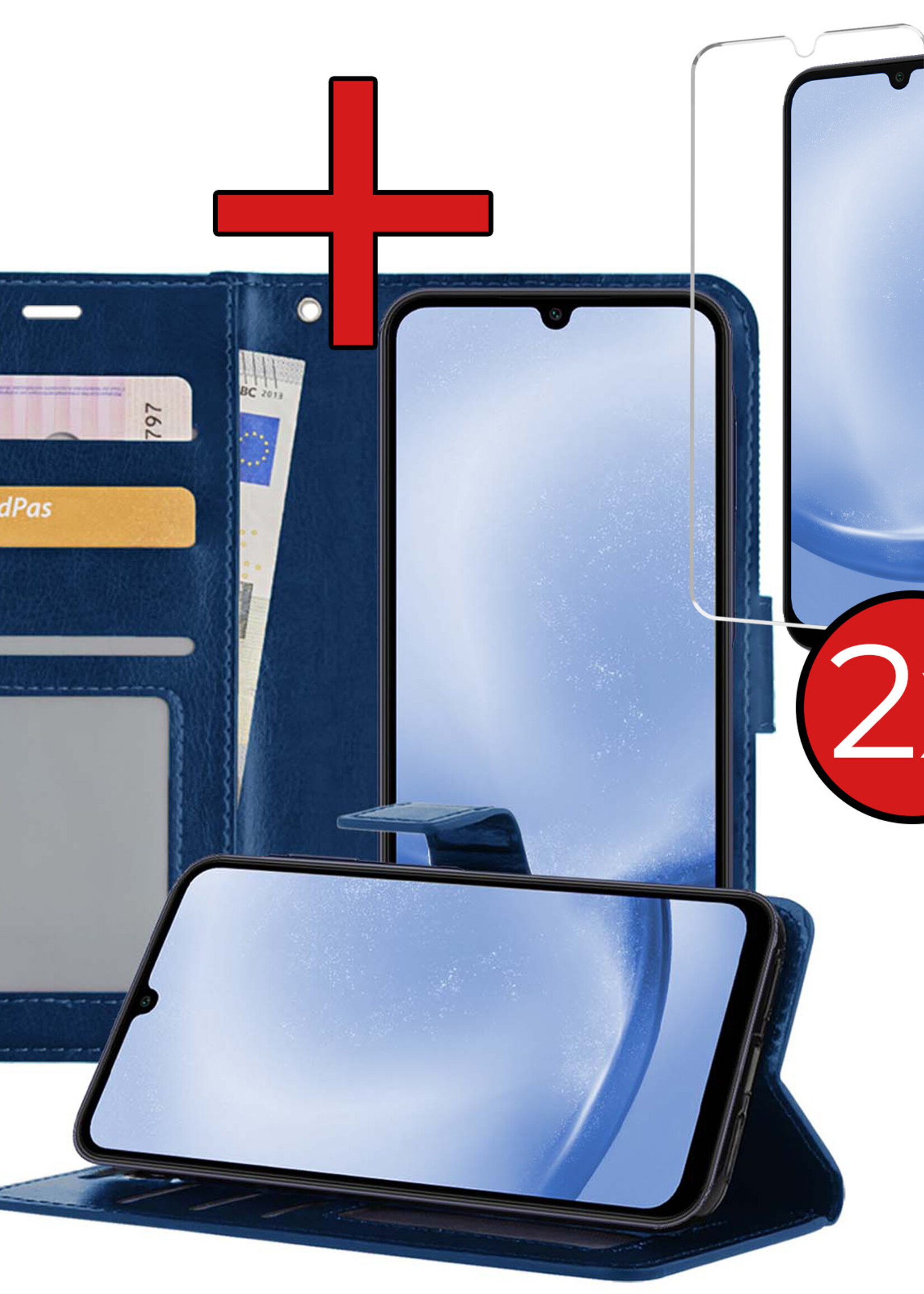 BTH Hoesje Geschikt voor Samsung A25 Hoesje Book Case Hoes Portemonnee Cover Walletcase Met 2x Screenprotector - Hoes Geschikt voor Samsung Galaxy A25 Hoes Bookcase Hoesje - Donkerblauw