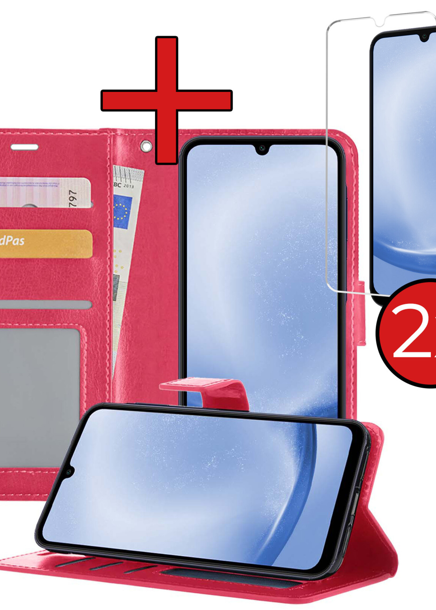 BTH Hoesje Geschikt voor Samsung A25 Hoesje Book Case Hoes Portemonnee Cover Walletcase Met 2x Screenprotector - Hoes Geschikt voor Samsung Galaxy A25 Hoes Bookcase Hoesje - Donkerroze