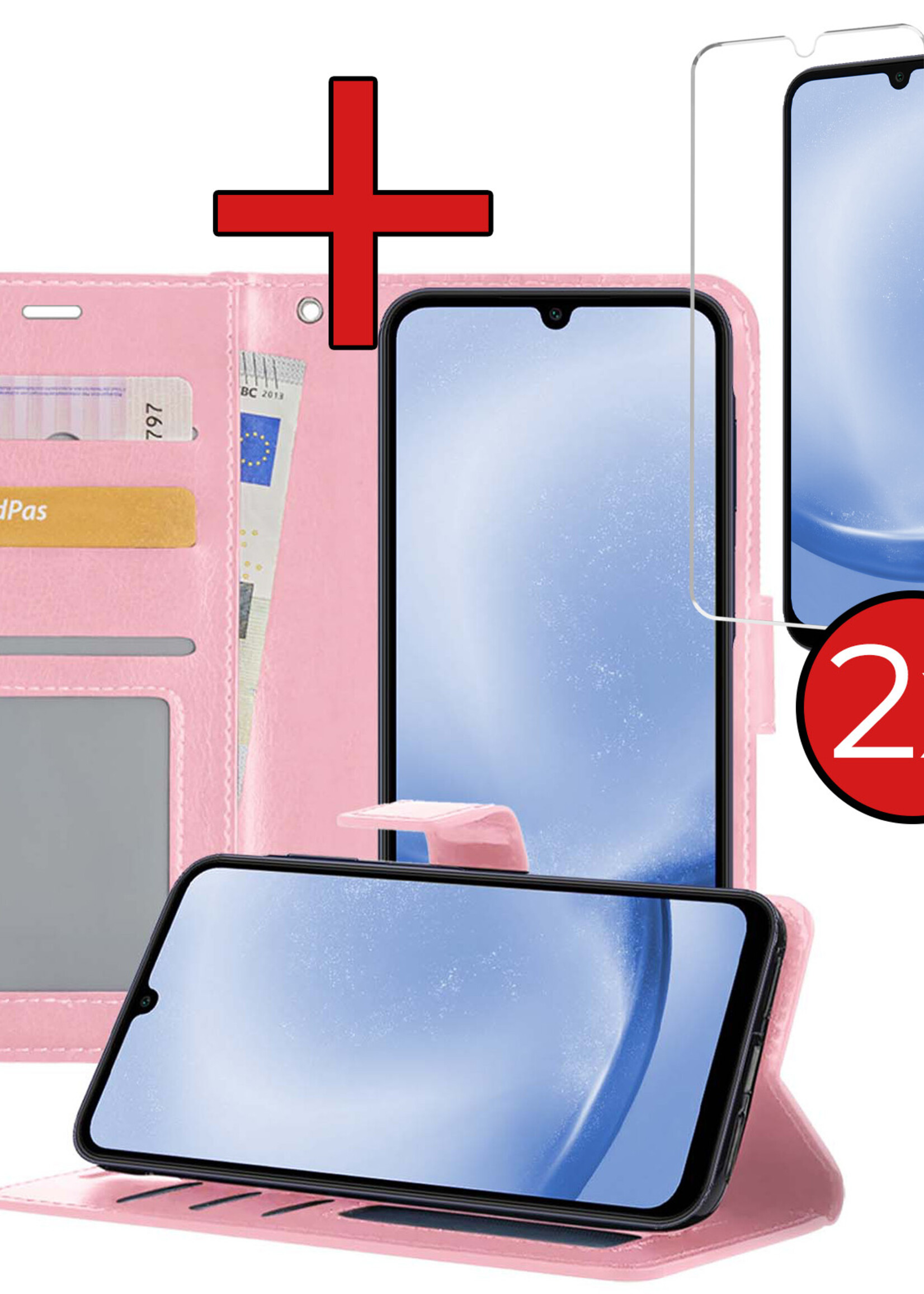 BTH Hoesje Geschikt voor Samsung A25 Hoesje Book Case Hoes Portemonnee Cover Walletcase Met 2x Screenprotector - Hoes Geschikt voor Samsung Galaxy A25 Hoes Bookcase Hoesje - Lichtroze