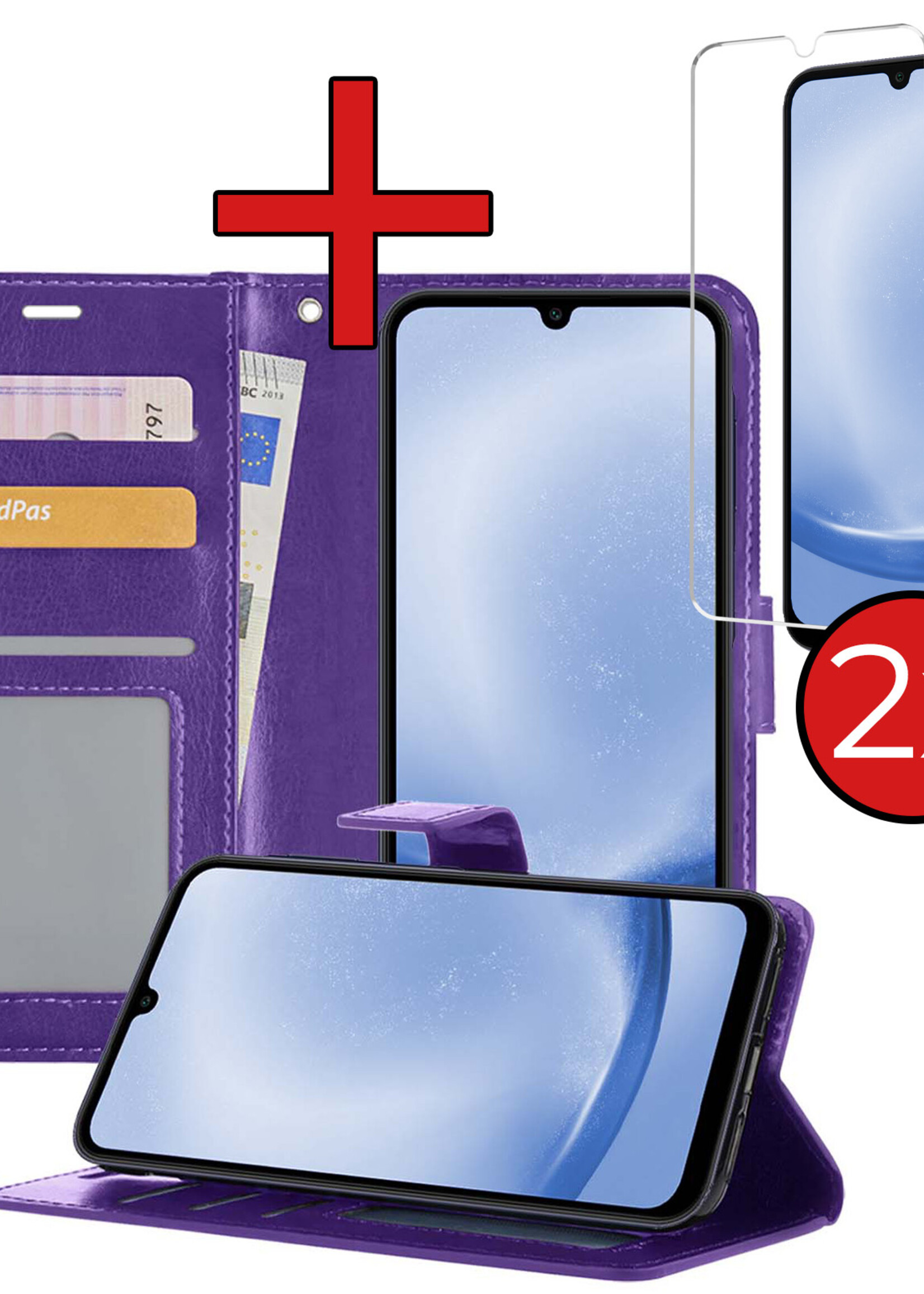 BTH Hoesje Geschikt voor Samsung A25 Hoesje Book Case Hoes Portemonnee Cover Walletcase Met 2x Screenprotector - Hoes Geschikt voor Samsung Galaxy A25 Hoes Bookcase Hoesje - Paars