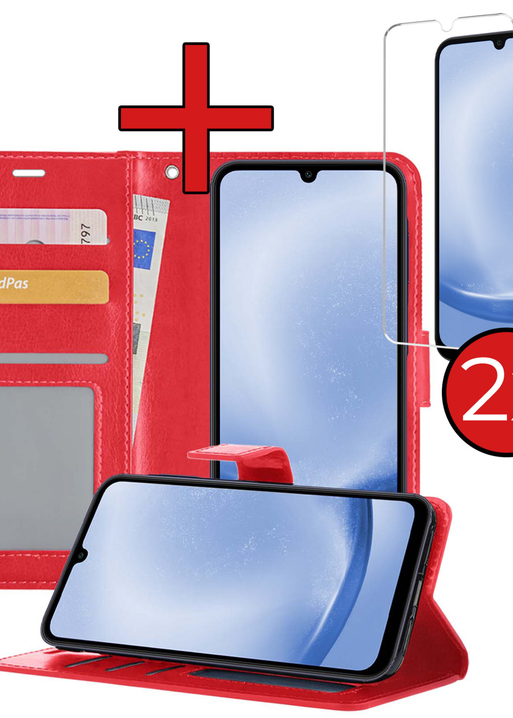 BTH Hoesje Geschikt voor Samsung A25 Hoesje Book Case Hoes Portemonnee Cover Walletcase Met 2x Screenprotector - Hoes Geschikt voor Samsung Galaxy A25 Hoes Bookcase Hoesje - Rood